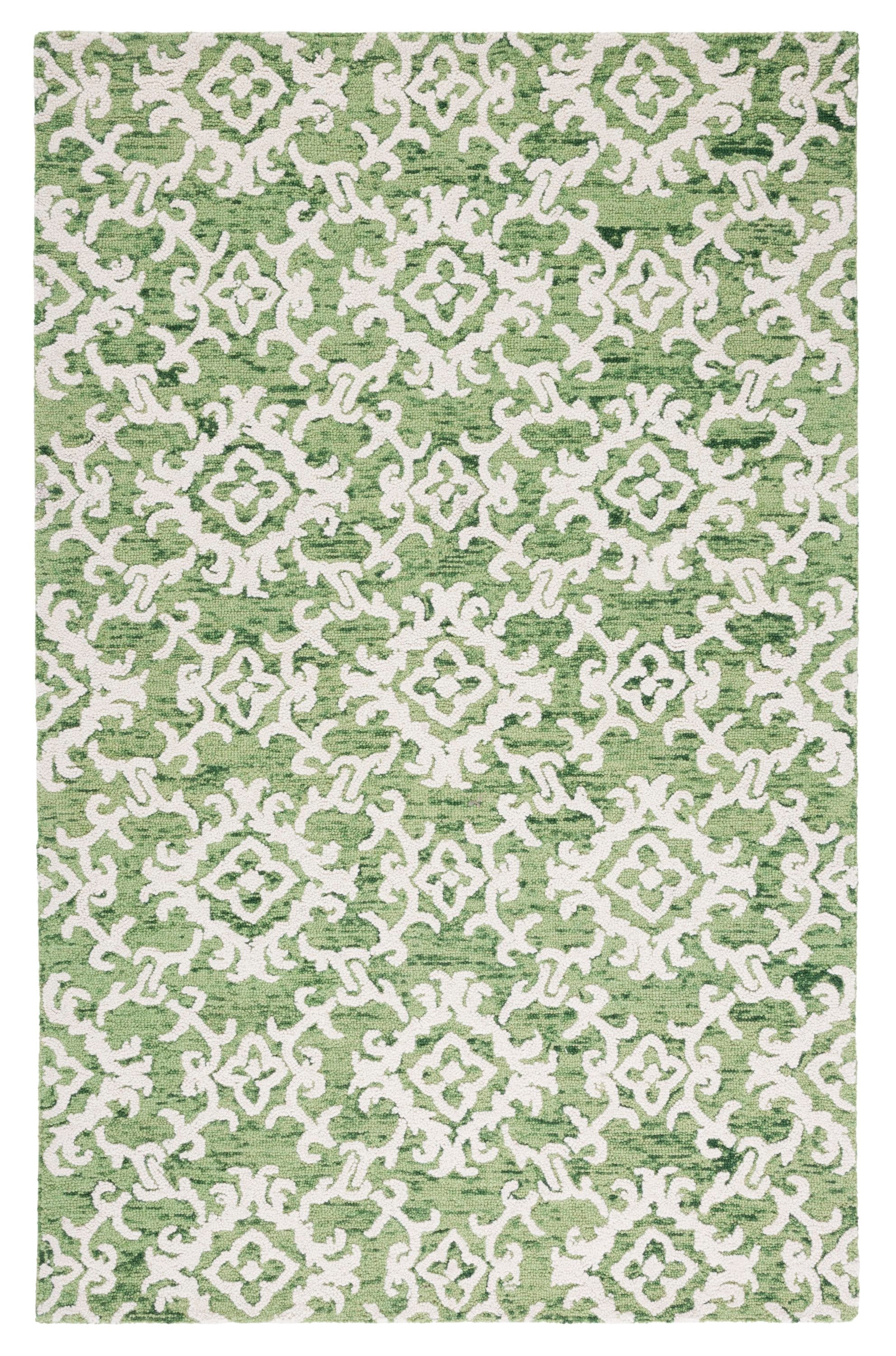 Ivory and Green Tufted Wool 4' x 6' Area Rug