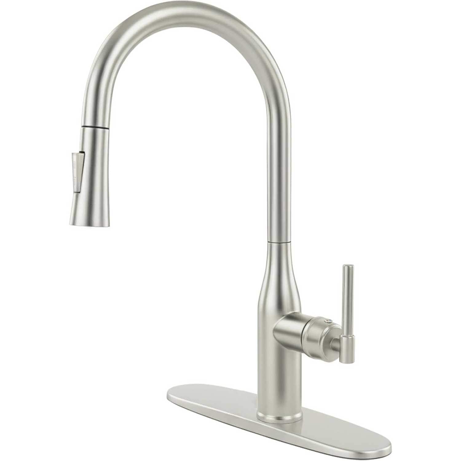 Afoxsos Pull Down Kitchen Faucet 2 Function Sprayer Spot Resistant 304 Stainless Steel High Arc Single Handle 360 Swivel 1 3 Hole With Deck Plate 1 Piece