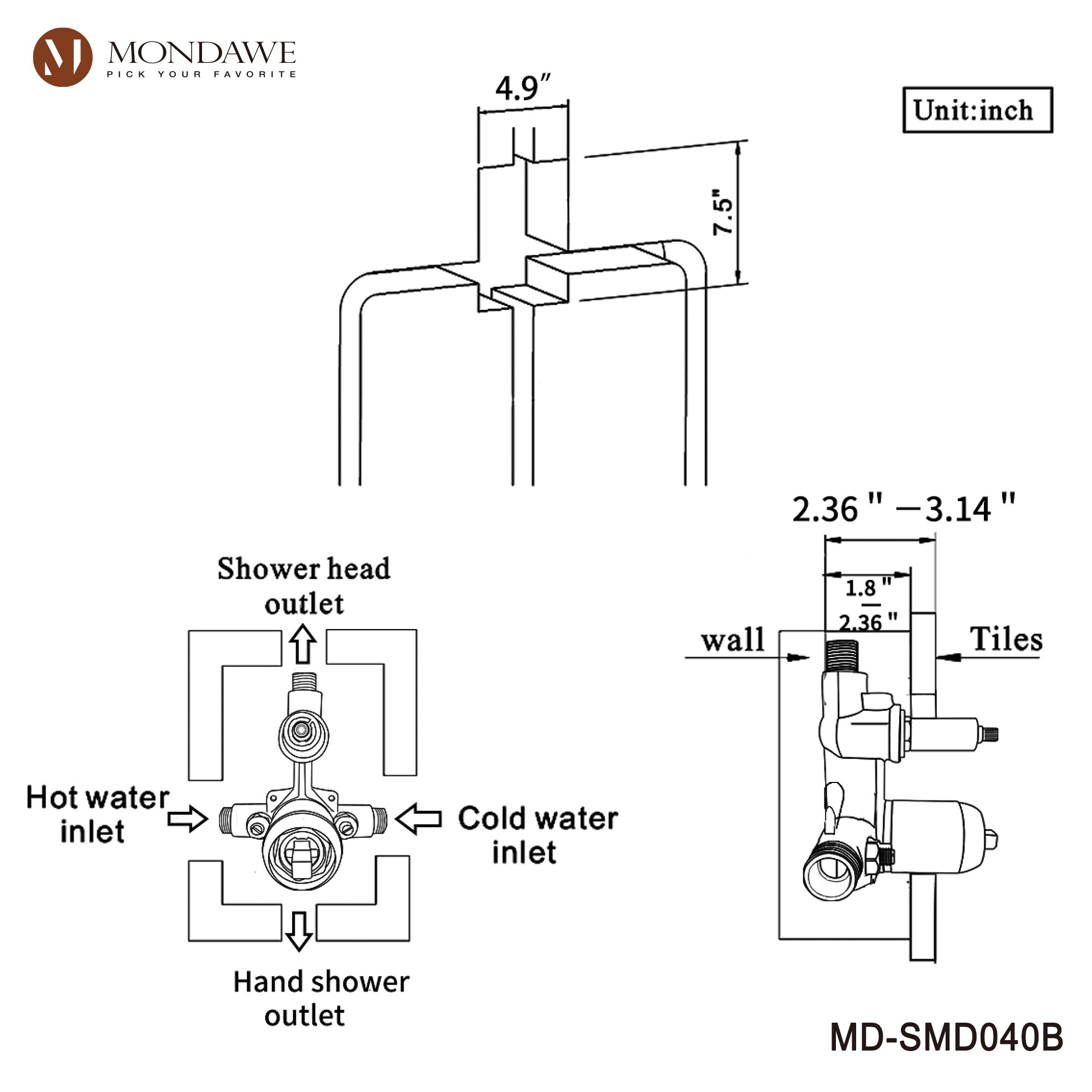Mondawe MD-SMD040B Showerhead-Bar-Panels - View #7