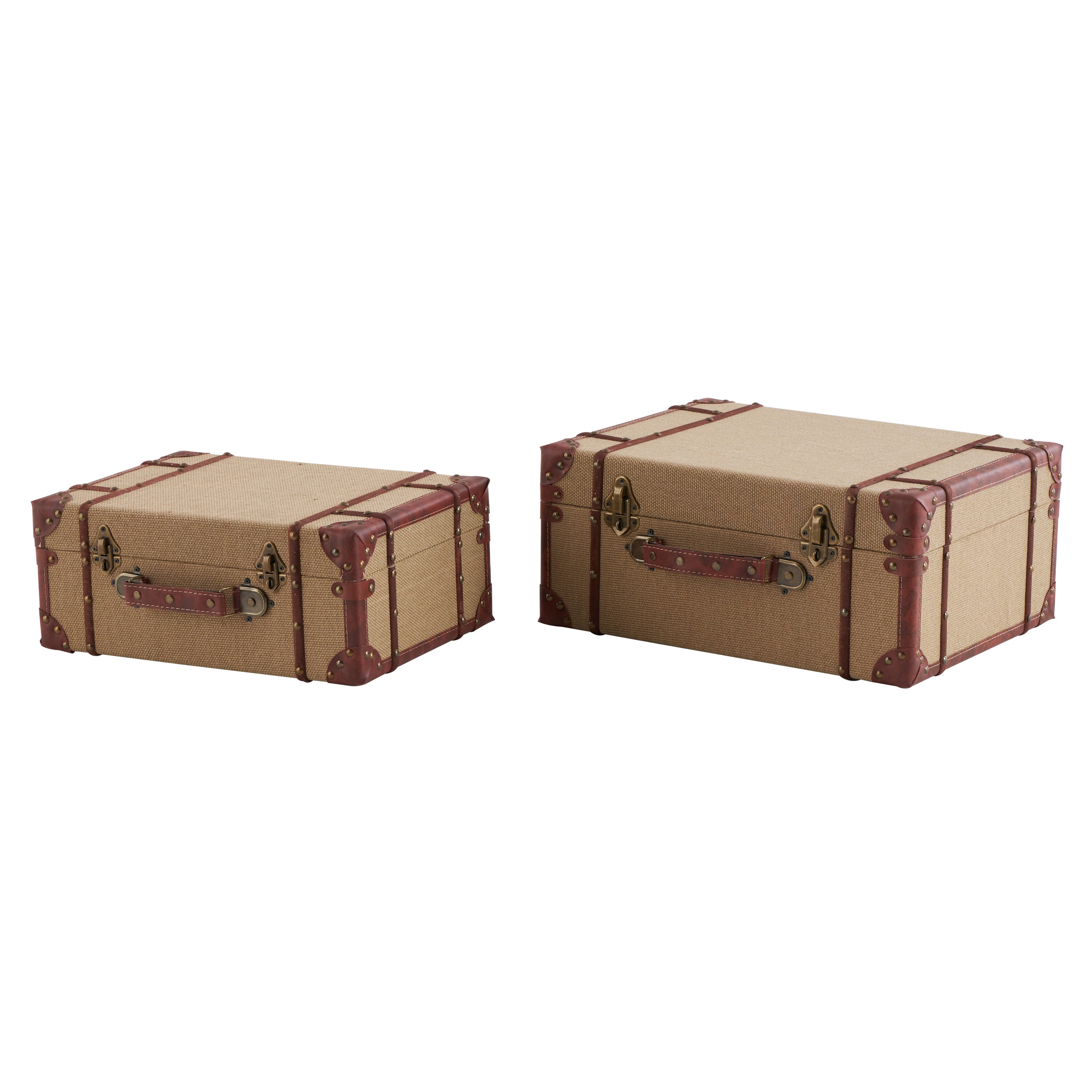 Beige Burlap and Leather Vintage Trunk Set, 2 Pieces