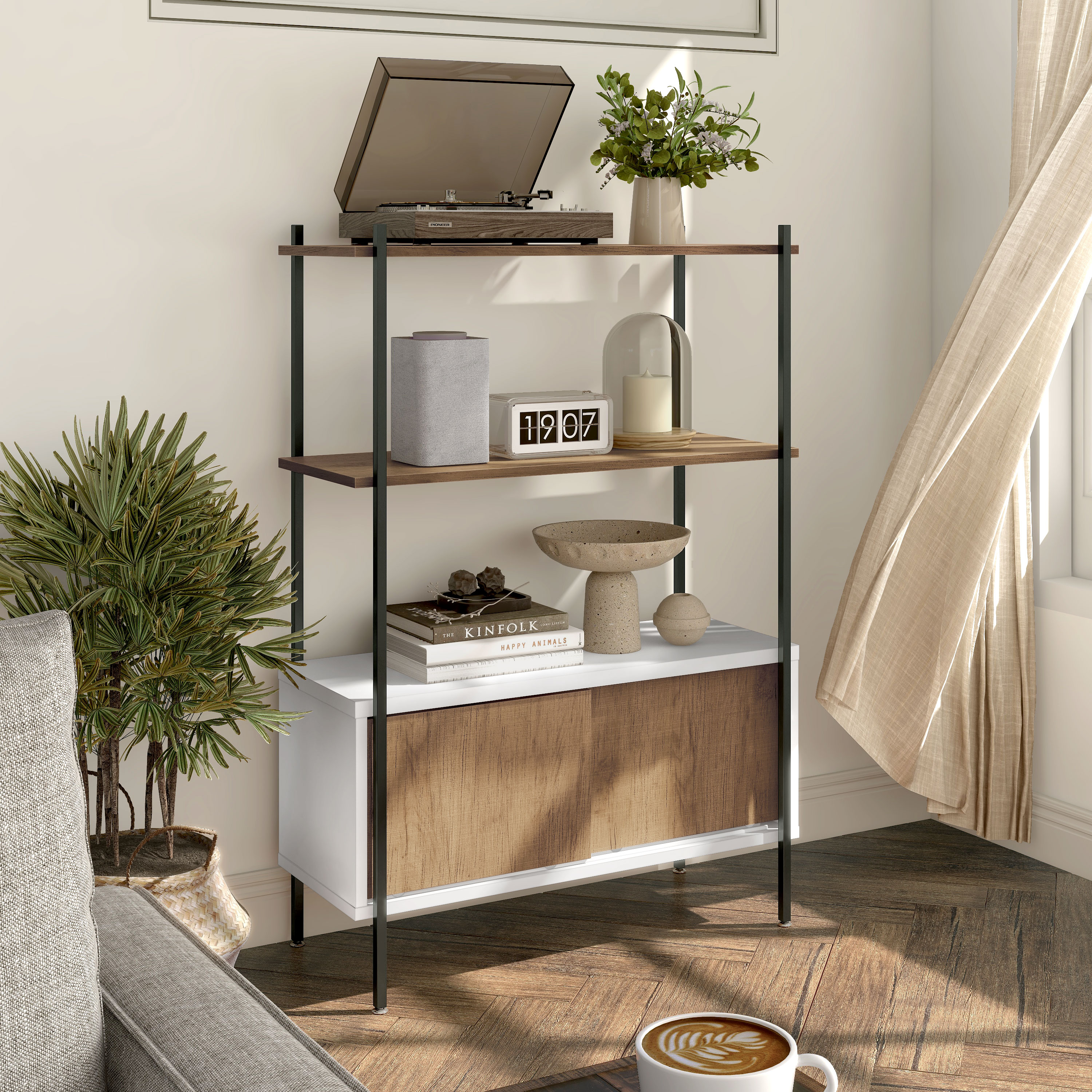 Furniture of America IDI-243233 Milan Distressed Oak, White Pure, Black Metal 3 -Shelf Bookcase with Doors ( 31.25-Inches W x 45-Inches H x 12.75-Inches D ) Finished