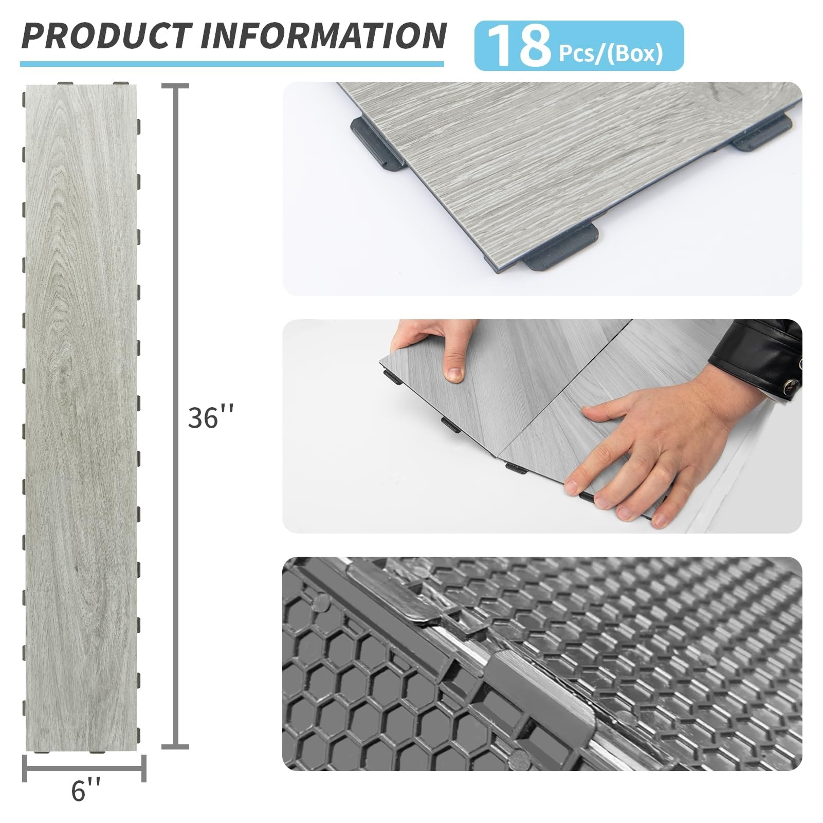 Etokfoks  Interlocking LVT Flooring Tiles 36x6 in 18 Pack Waterproof Wear Resistant Fire Resistant Formaldehyde Free