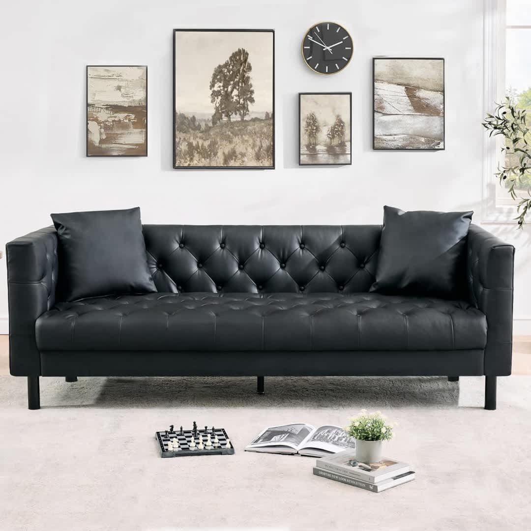WhizMax KL-PHO-15SEWAFJ Mid Century Modern Leather Sofa Chesterfield Style Deep Seats Includes 2 Pillows 3 Seater Button Tufted for Living Room Apartment Office