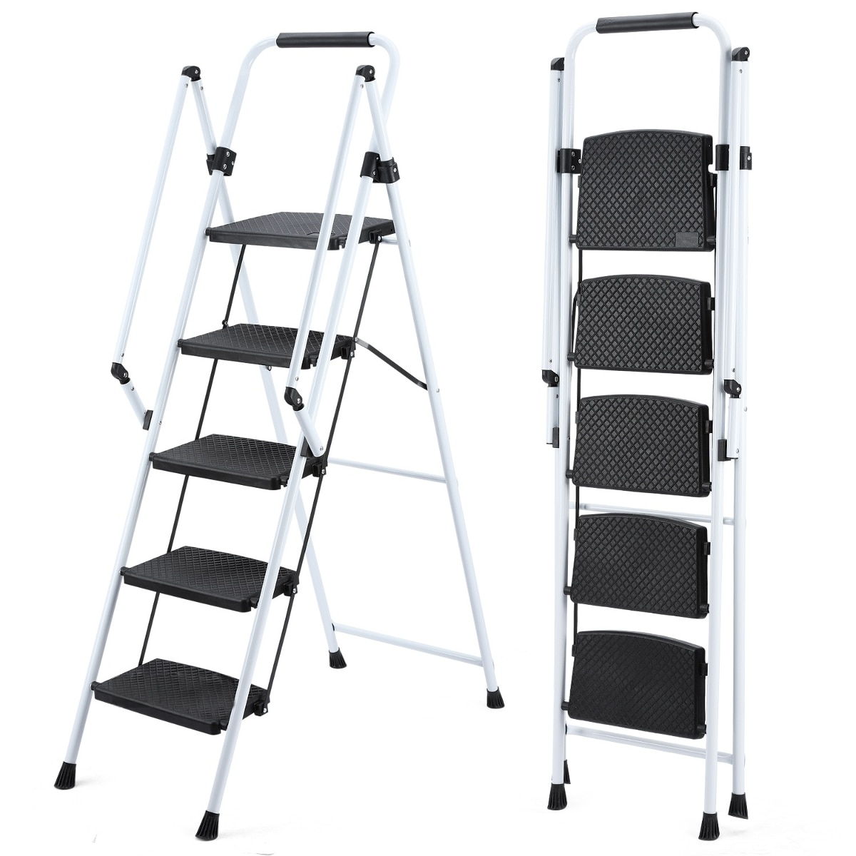 Tooliom - 5 Step Ladder Folding Steel Step Stool With Anti Slip Wide Pedals Safety Handle 330 Lb ...