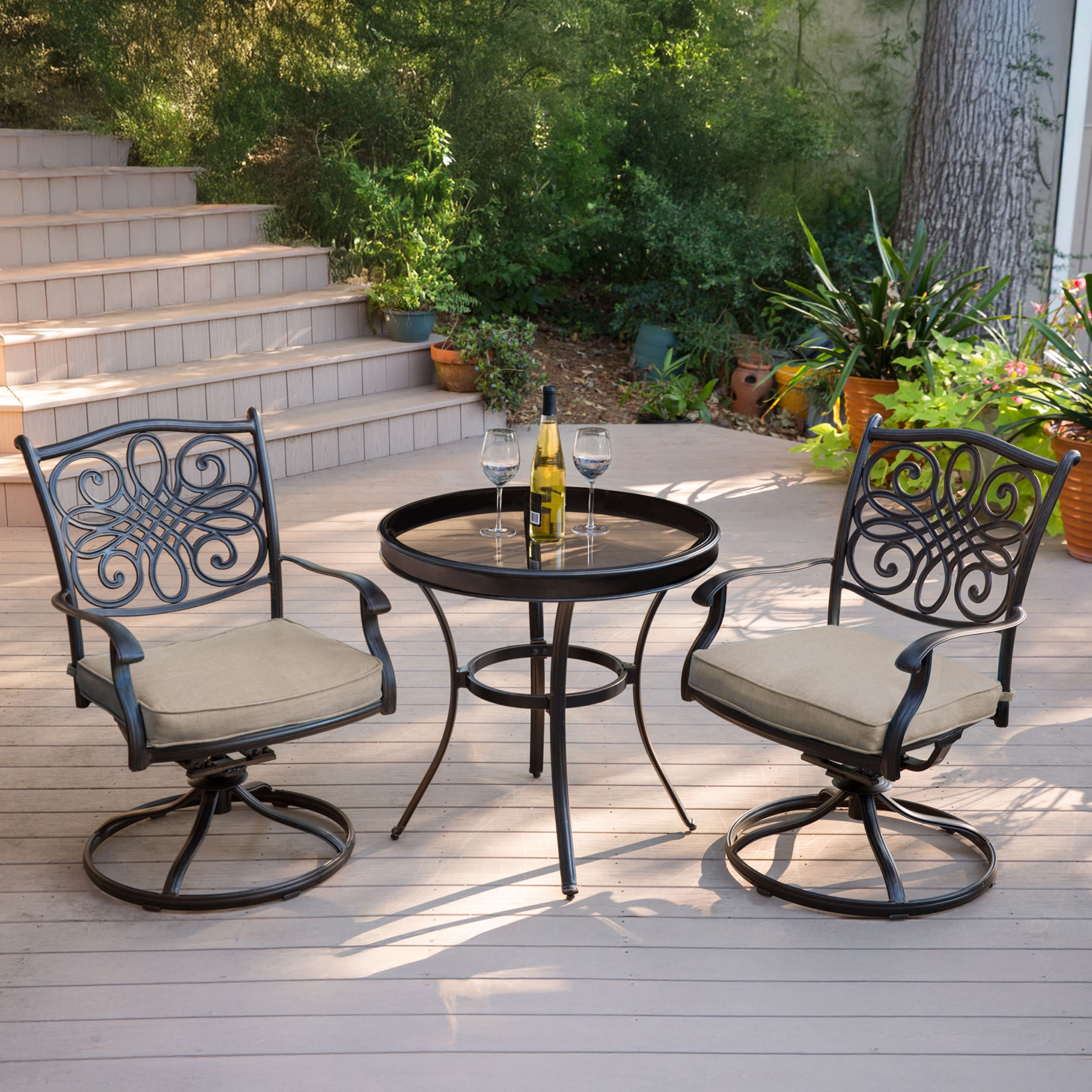 Elegant Traditions 3-Piece Bronze Bistro Set with Swivel Chairs and Glass-top Table