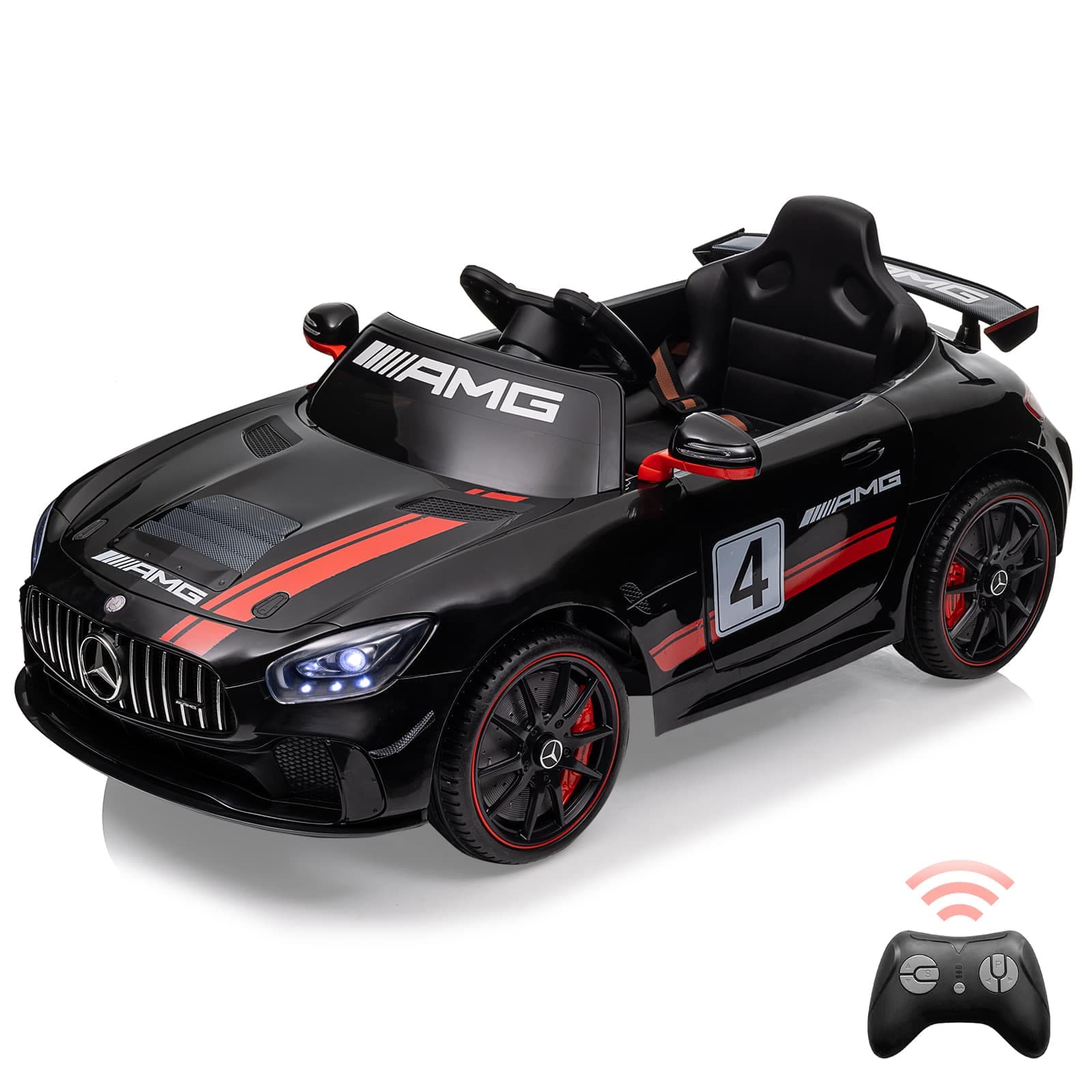 Qeetex TOYPTO0YUANWN4 Licensed Mercedes AMG GT3 12V Kids Ride On Car Remote Control Dual Modes Led Lights Music Durable Safety Black