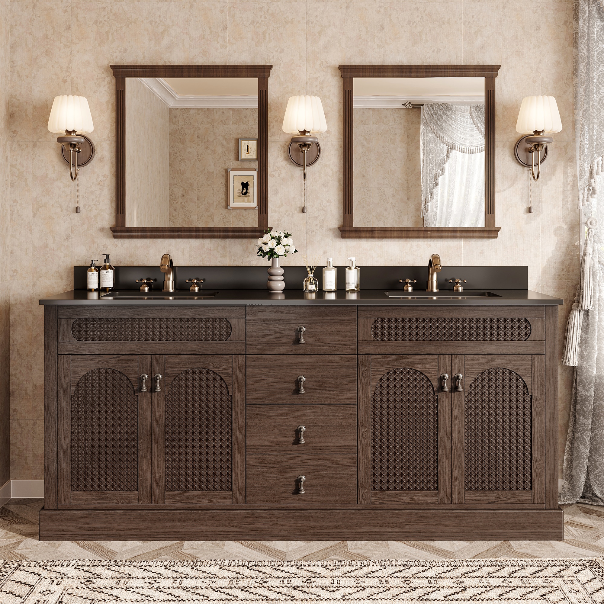 VOUA SAF-DXDRZJ7-GY 72-in Brown Double sink Bathroom Vanity with Black Ceramic Top
