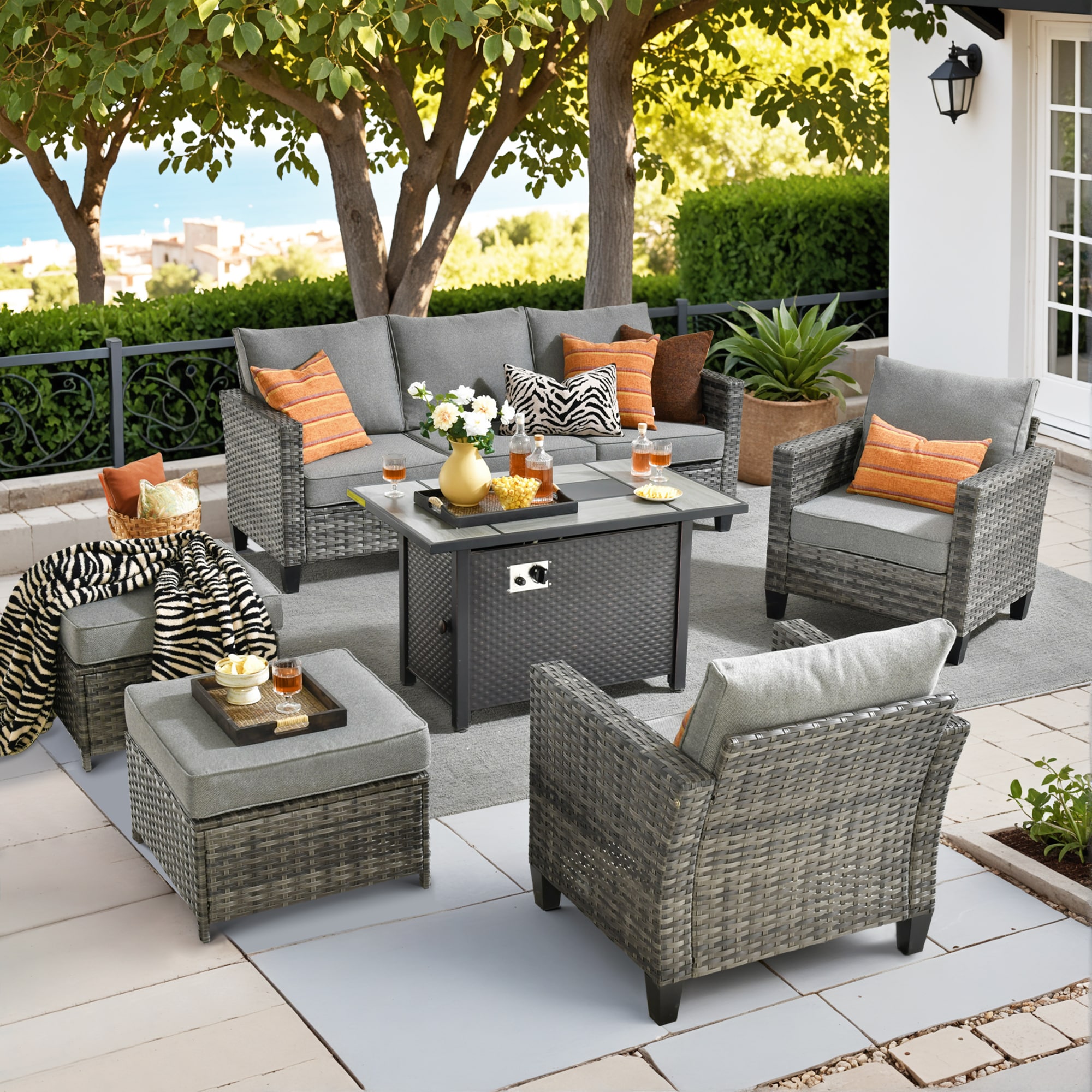 Pouuin SCFPNGRS205 6 -Piece Wicker Patio Sofa Conversation Set with Dark Gray Cushions