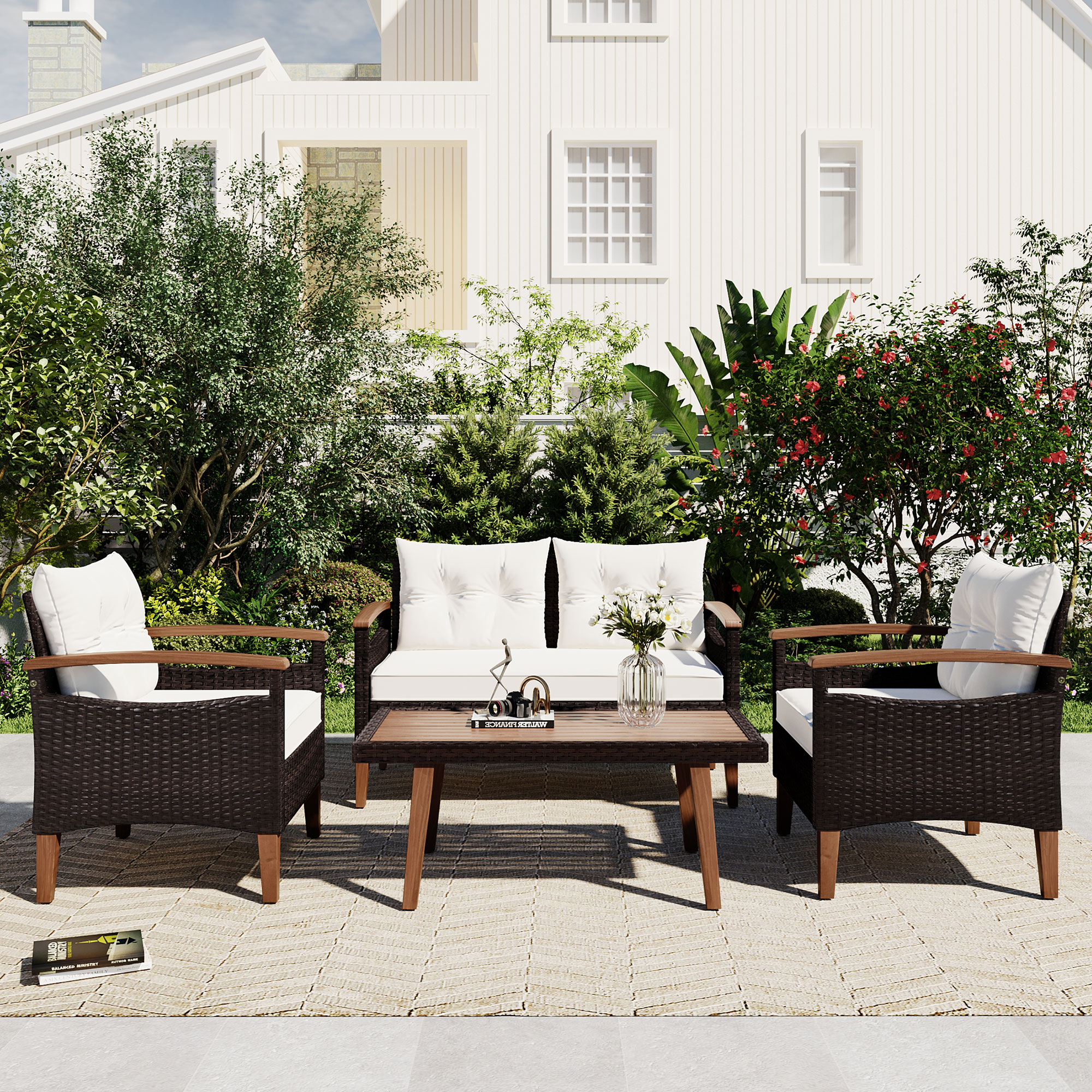 Dimakai DK-GO-22AAA 4 -Piece Wicker Patio Sofa Conversation Set with Beige Cushions