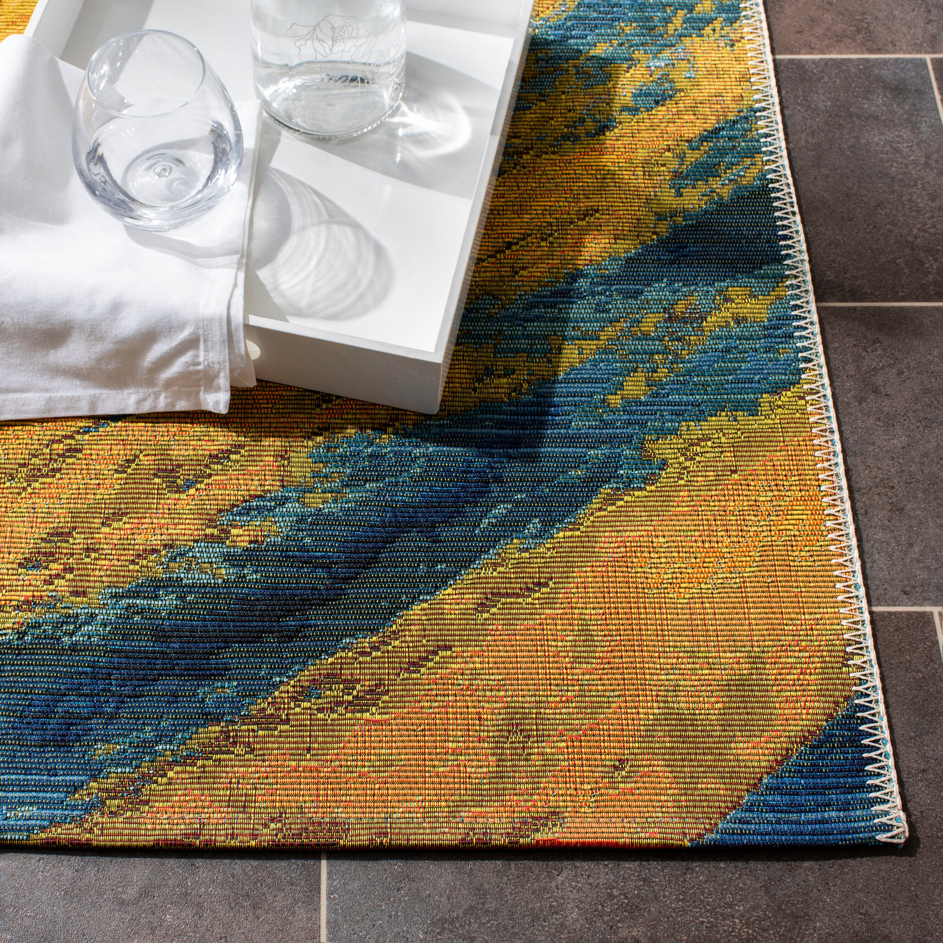 Blue and Gold Tropical Wave Indoor/Outdoor Rug 3'3" x 5'3"