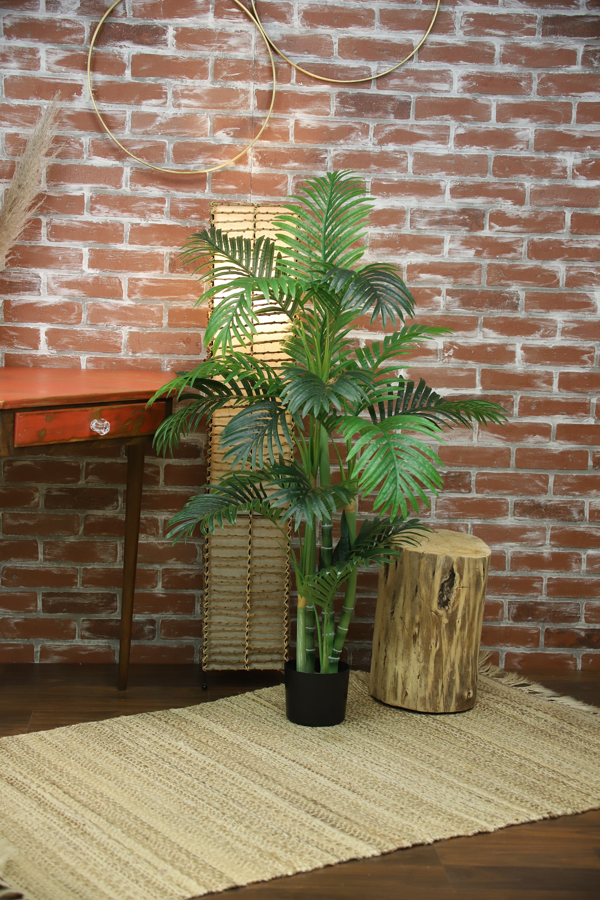 51" Tall Green Silk Palm Floor Plant in Black Pot