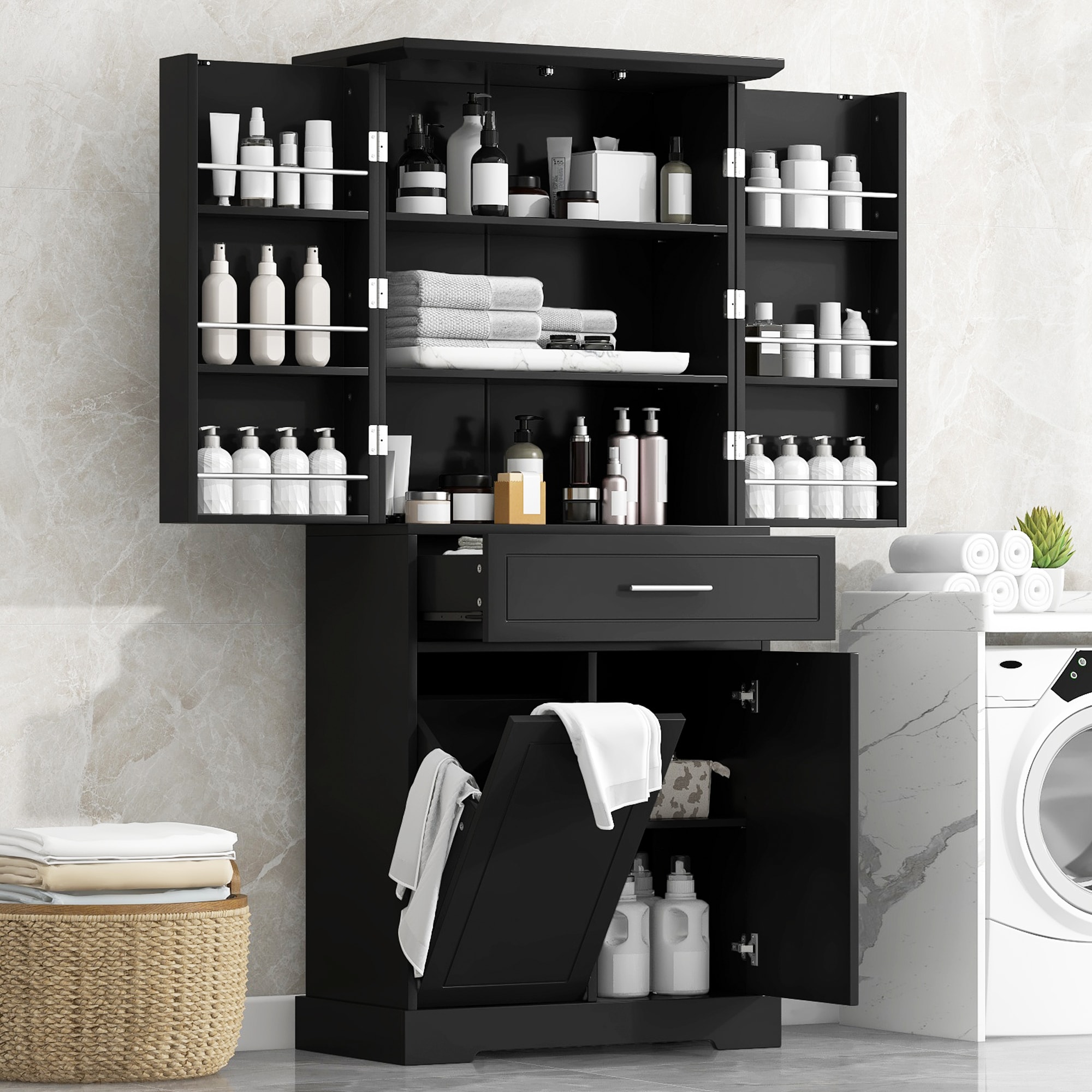 ModernLuxe L3P-N725P262025B Bathroom Storage Cabinet with TiltOut Laundry Hamper Adjustable Shelf Multiple Compartments Freestanding Design Black Door  Drawer Storage for Bathroom or Laundry Room - Thumbnail