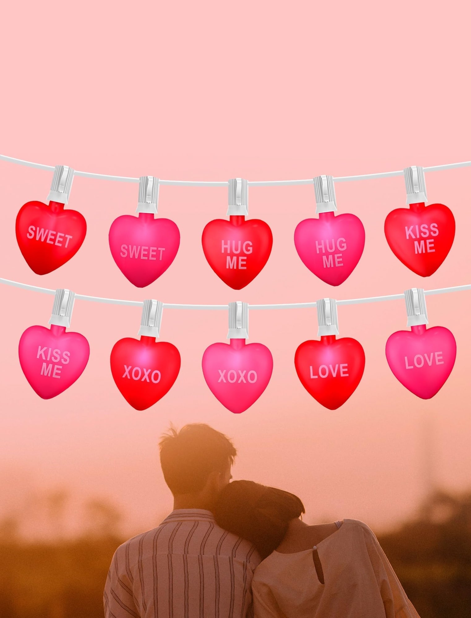 Oyezvary  10 Piece 10.5 ft Heart String Lights Red and Pink Hearts with Sweet Messages Plug In Connectable Waterproof for Bedroom Wedding Patio Decor