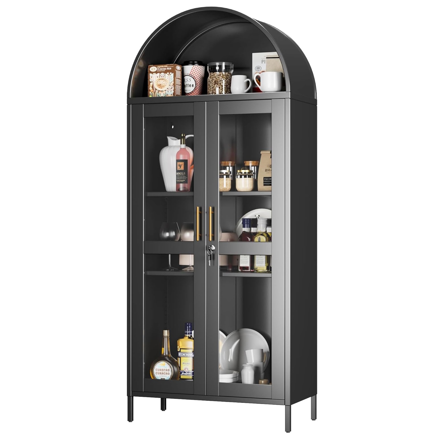 Boyel Living Metal Arched Display Cabinet with Lock Glass Door Pantry Hutch and Bookshelf for Dining Room