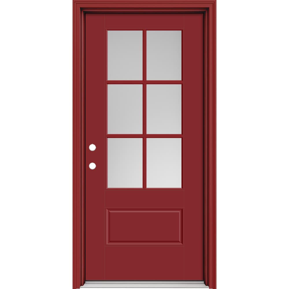 Masonite 630461 Performance Door System 36-in x 80-in x 4-9/16-in Fiberglass 3/4 lite Left-hand inswing Roma Red Painted Prehung Front Door with Brickmould Insulating core with Grilles