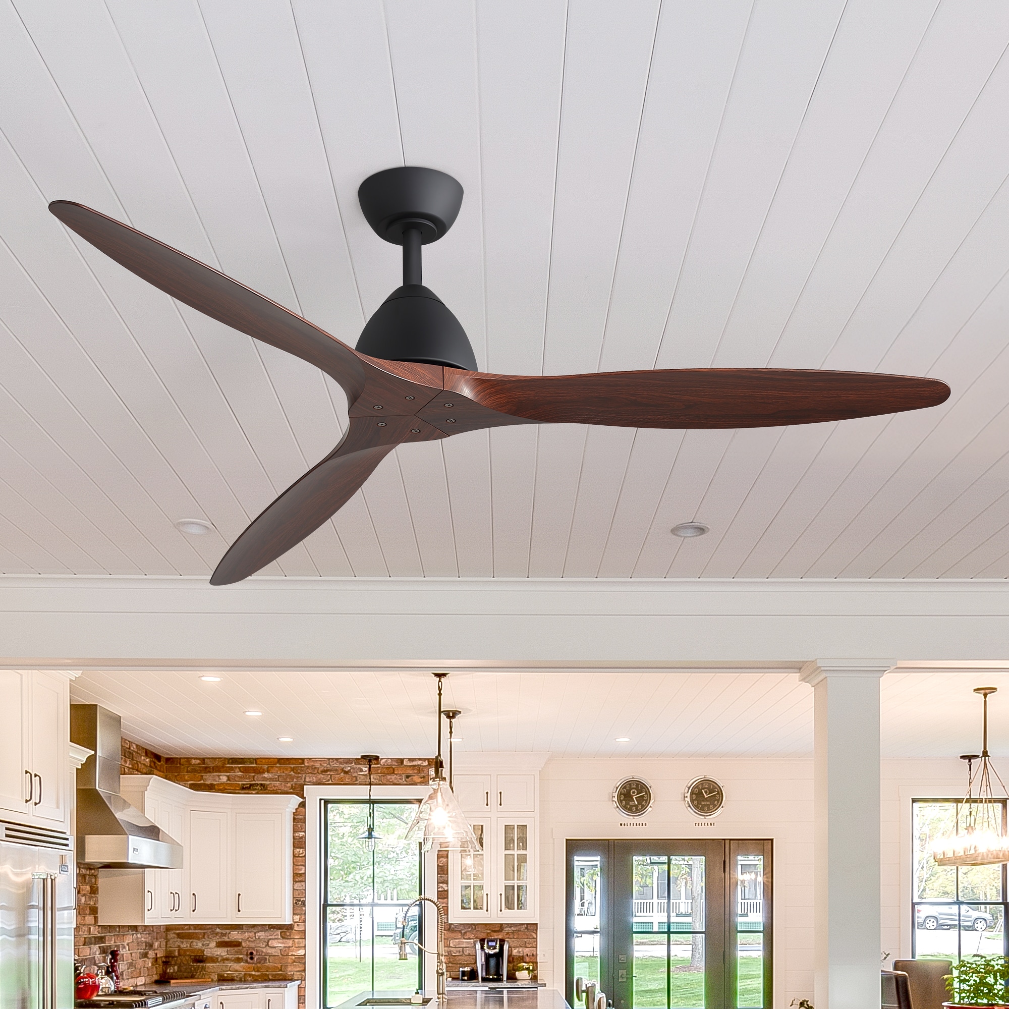 Breezary Light-Free 56-in Matte Black with Wood Grain Blades Ceiling Fan Without Light and Remote Control Included 3 -Blade