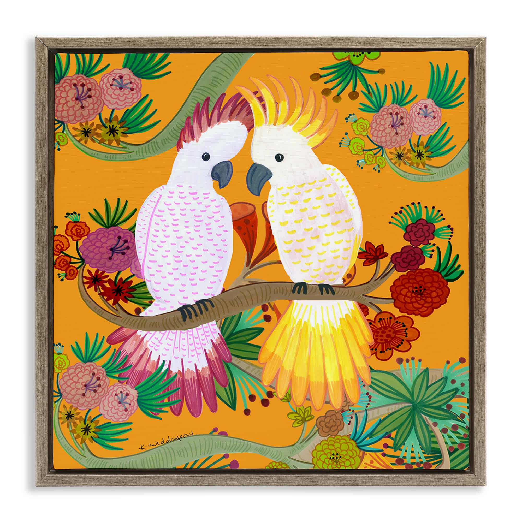 Stupell Industries BS-614-FFE-24X24 Bright Cockatoos and Foliage Brown Framed Floater Canvas Wall Art By Kay Widdowson 25 x 25