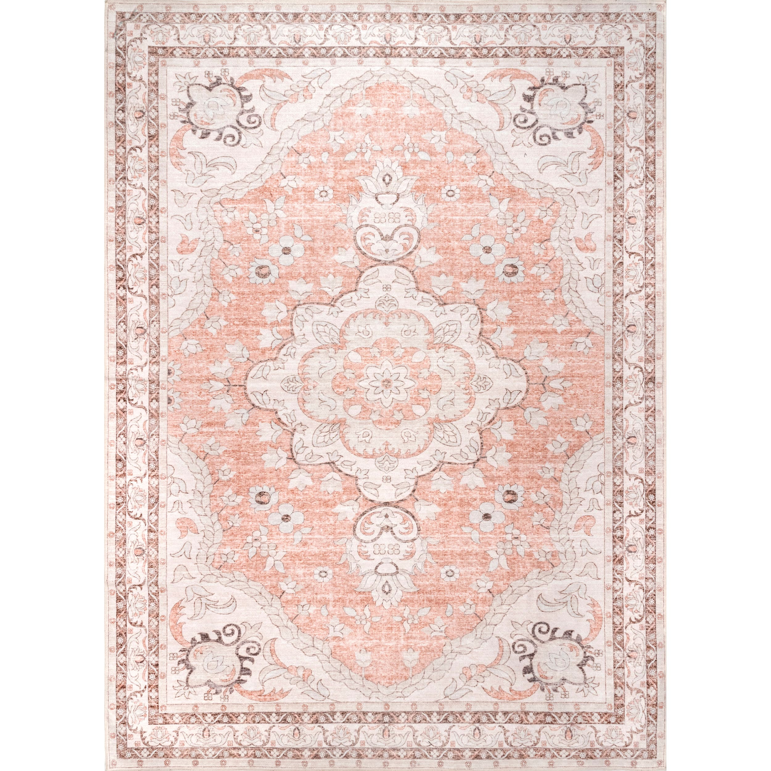 Peach Floral Medallion 8' x 10' Easy-Care Synthetic Area Rug