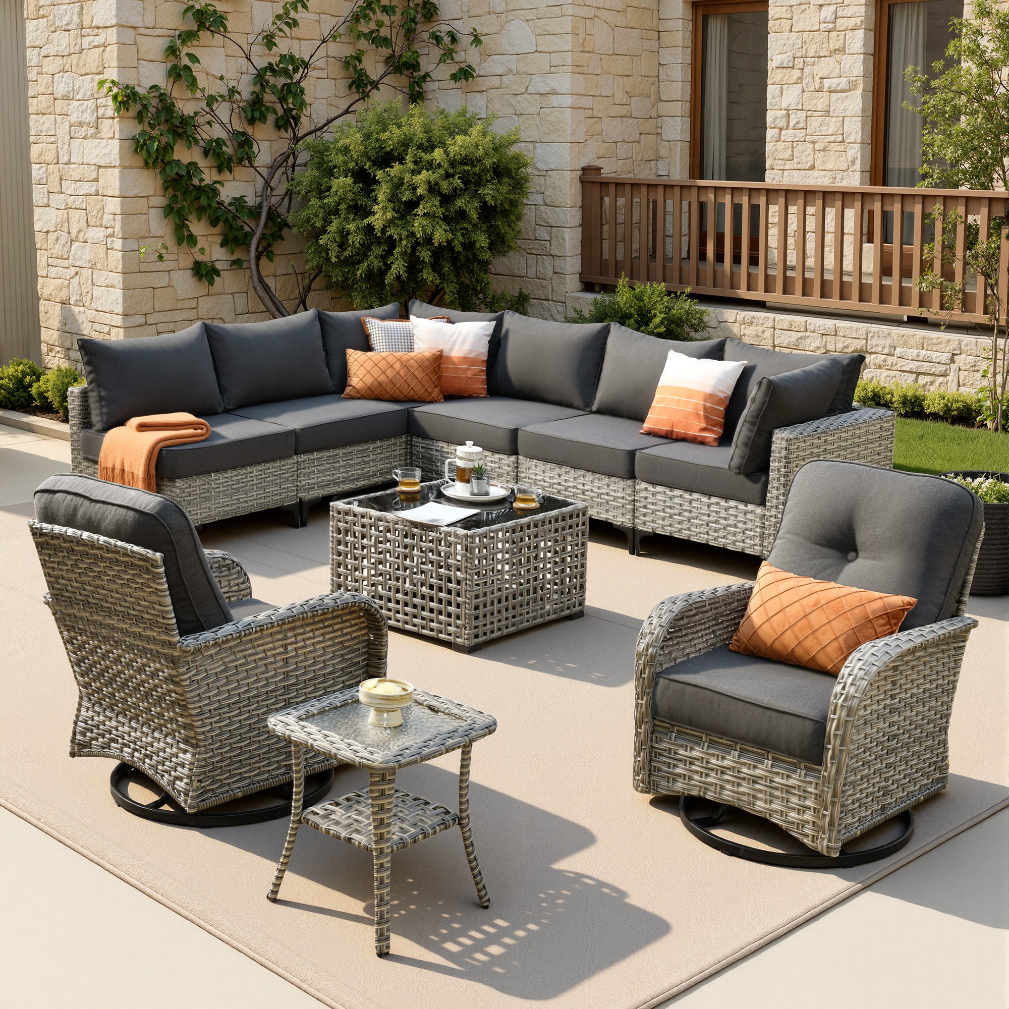 Caodoc Stiletto Wicker Outdoor Sectional with Black Cushions and Wicker Frame