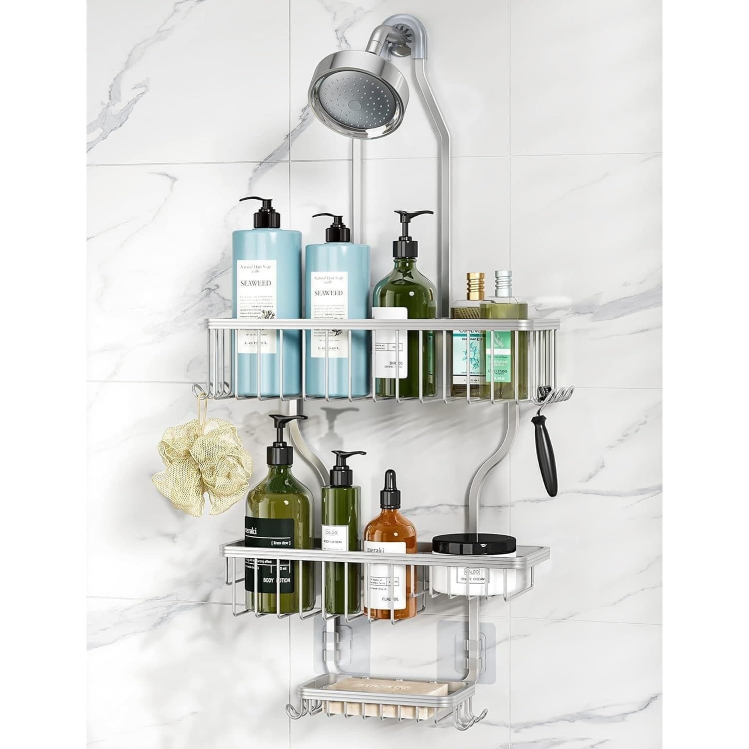 Angel Sar - Silver Aluminum Over the Head Shower Caddy with 10-Hook for Showerheads