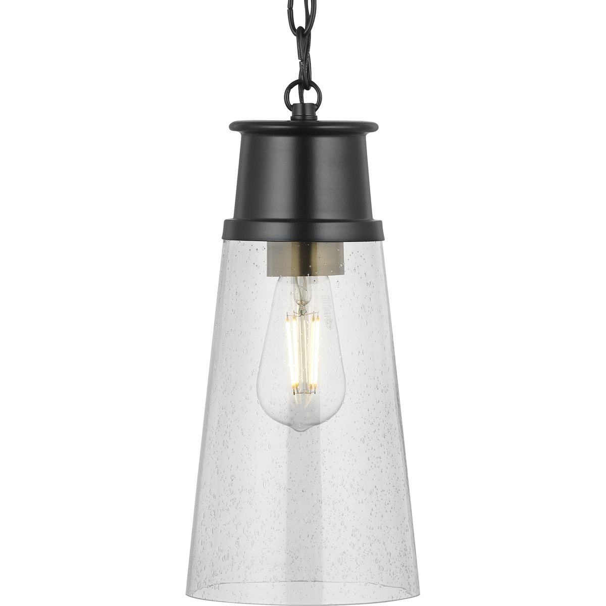 Progress Lighting P500352-31M Calicott 1 -Light Matte Black Transitional Seeded glass Cone Mini Hanging Pendant light