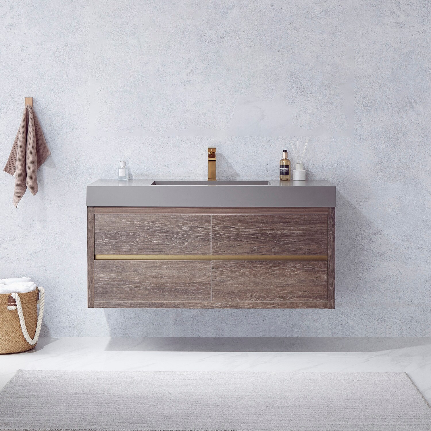 Palencia 48-in North Carolina Oak Finish Single Sink Floating Bathroom Vanity with Gray Engineered Stone Top in Brown | - Vinnova 703148-NC-GR-NM