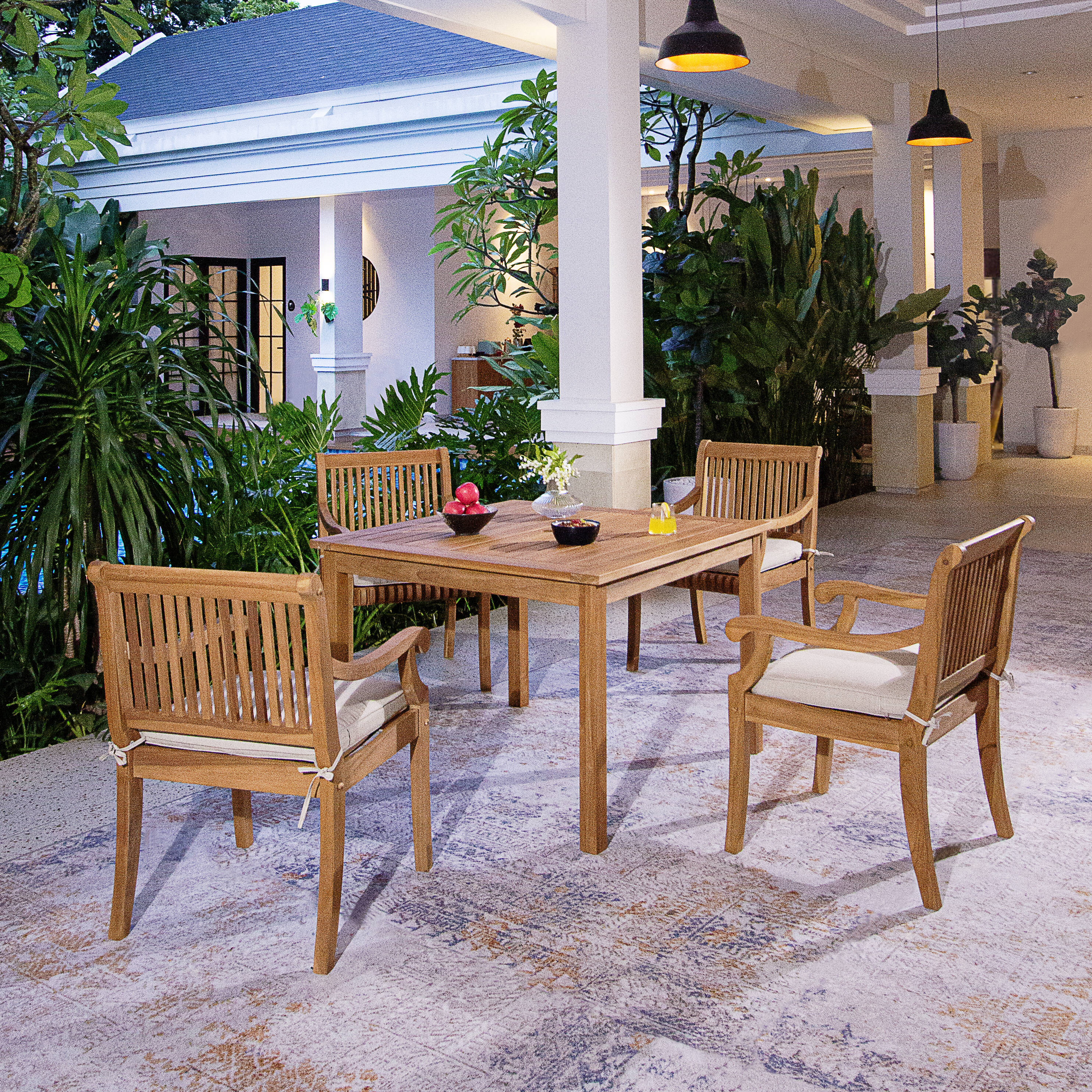 Cambridge Casual Noble 5 -Piece Unfinished Teak Wood Patio Dining Set Wood Square Table with 4 Beige Cushions Stationary Chairs