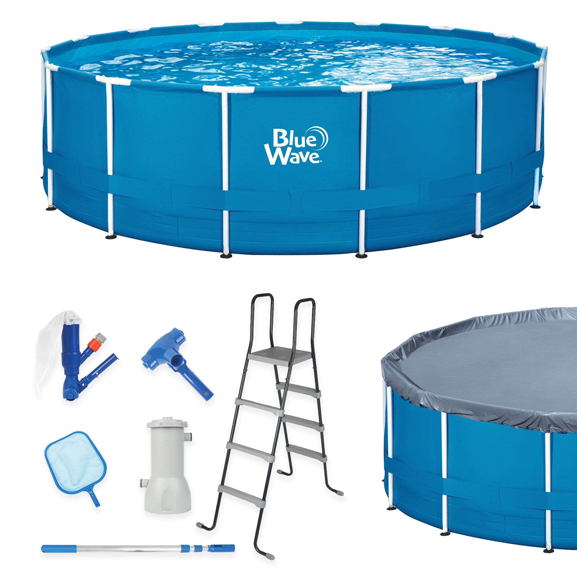 Blue Wave NB19909 Laguna 15-ft x 15-ft x 48-in Metal frame Round Above-Ground Pool with Filter Pump with Pool Cover with Ladder