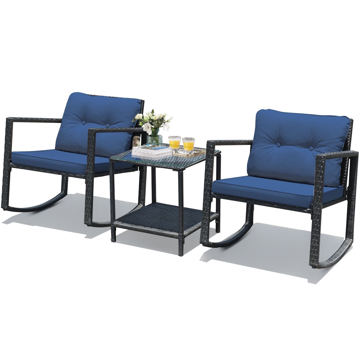 Blue Cushion 3 Piece Steel Rocking Patio Furniture Set Modern Outdoor Wicker Conversation Chair Sets with Soft Cushion and Coffee Table