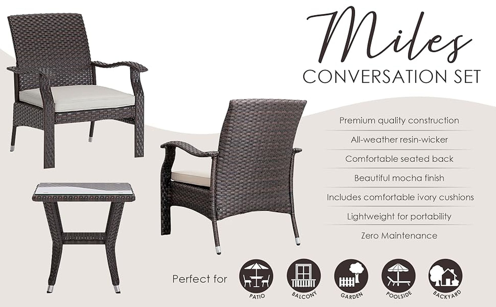 Mocha Resin Wicker 3-Piece Patio Conversation Set with Beige Cushions