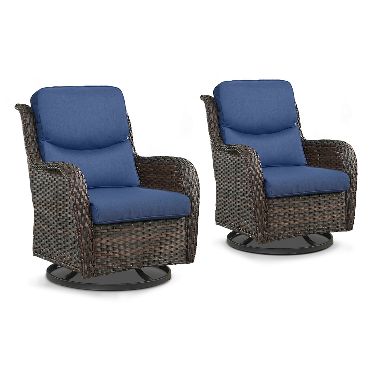 Rilyson FSXL023-1 Smiley Set of 2 Wicker Brown Wicker Frame Swivel glider Conversation Chair with Brown Blue Cushioned Seat