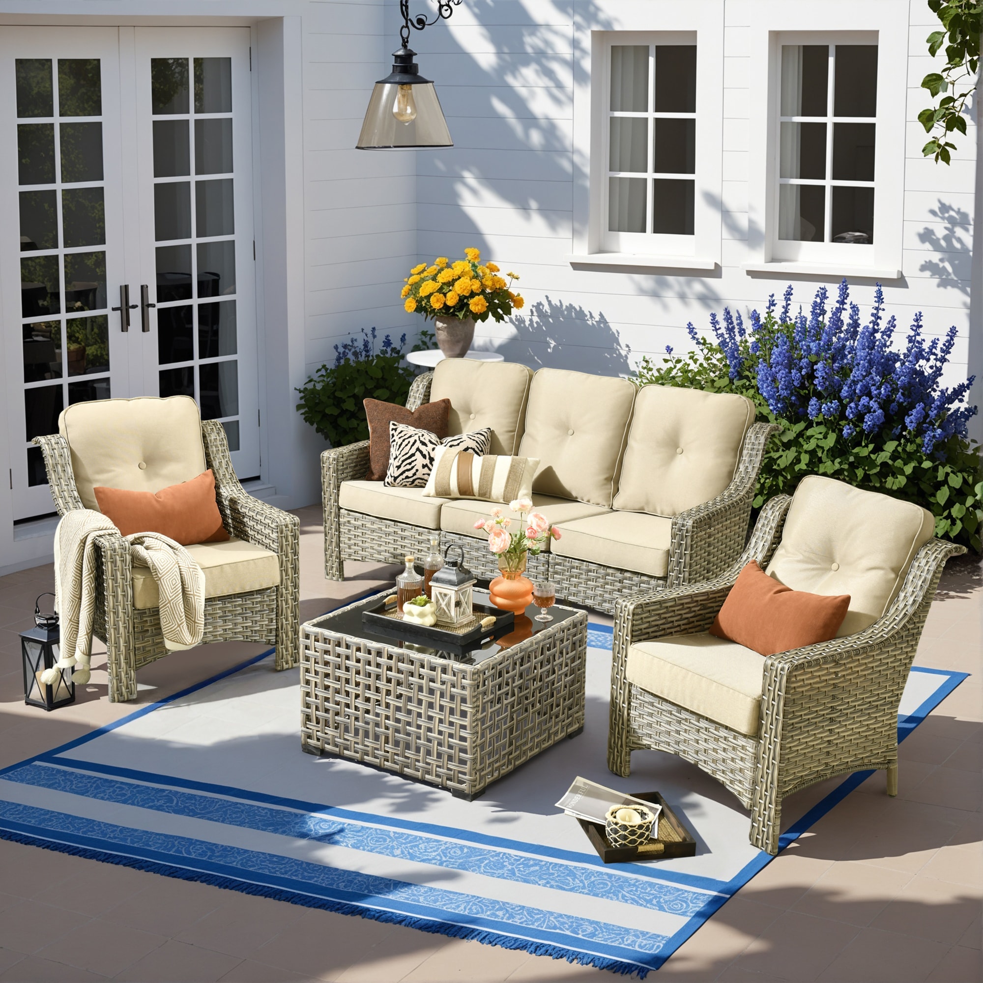 Caodoc L5-PAD604-T New right-Angles Rattan Outdoor Sectional with Beige Cushions and Rattan Frame