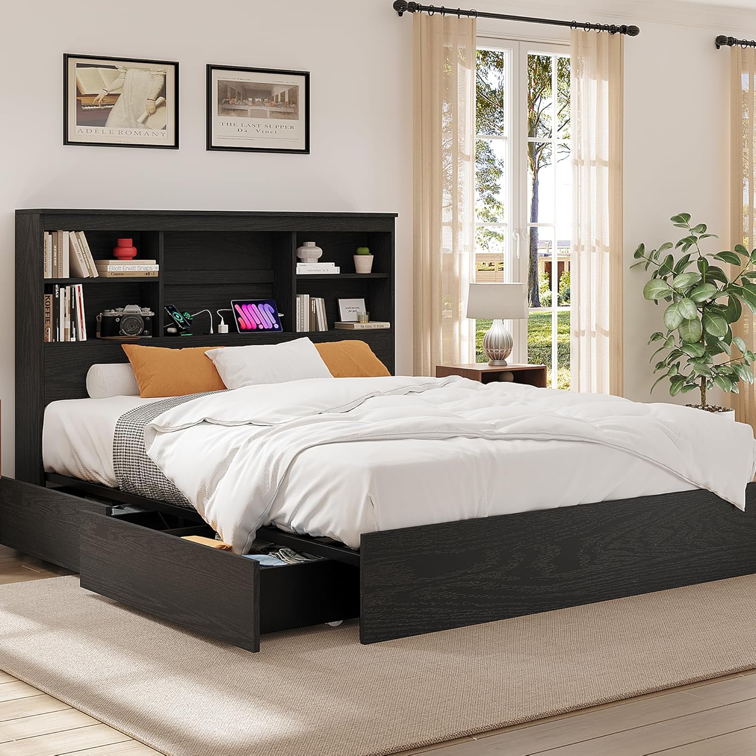 Garvee Queen Size Bed Frame with High Storage Bookcase Headboard Wood Bed Frame with 4 Storage Drawers Built in Charging Station No Box Spring Needed Metal Frame Noise-Free Vintage Black