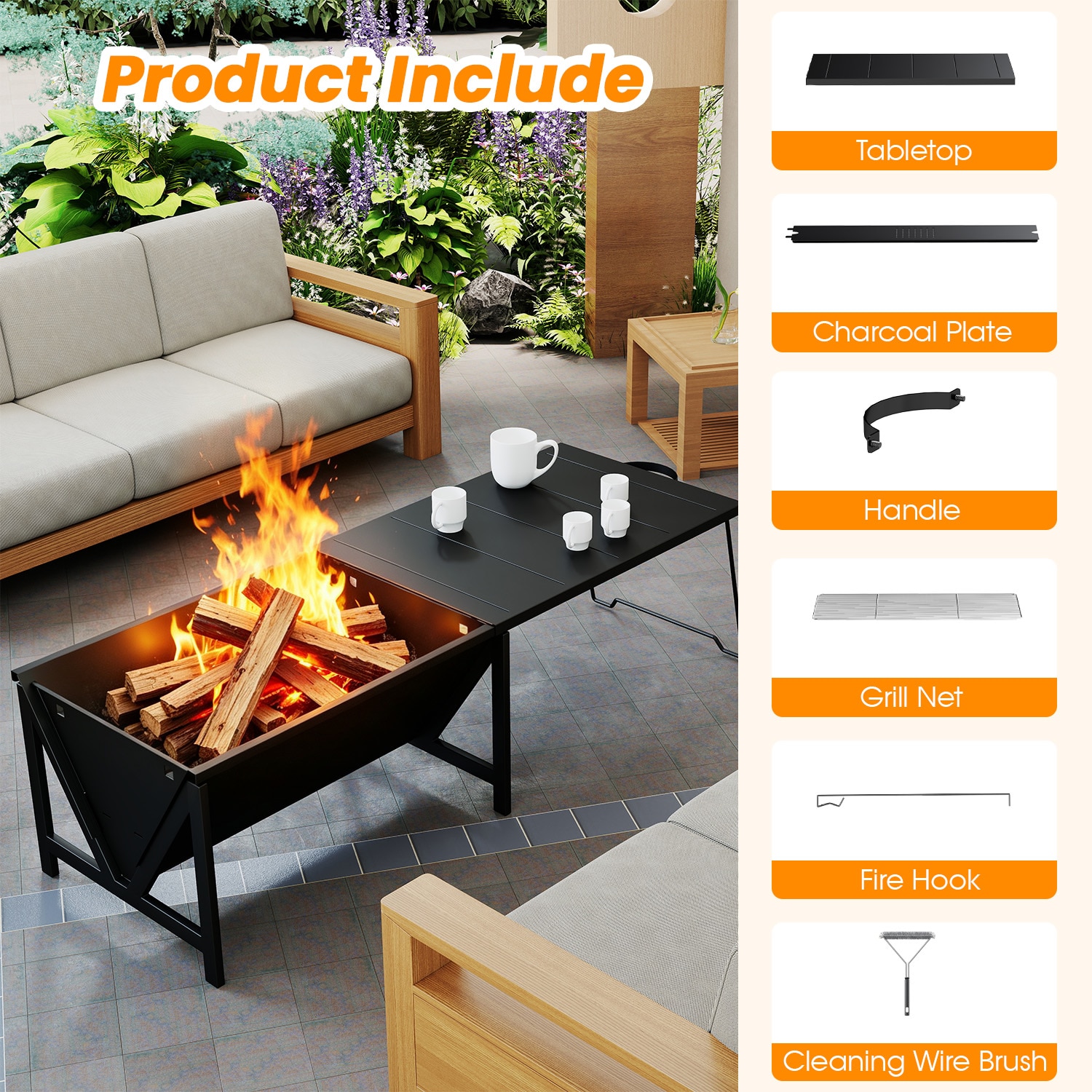 TMWINGS 54-in W Steel Portable Wood-Burning Fire Pit with Grill Dual ...
