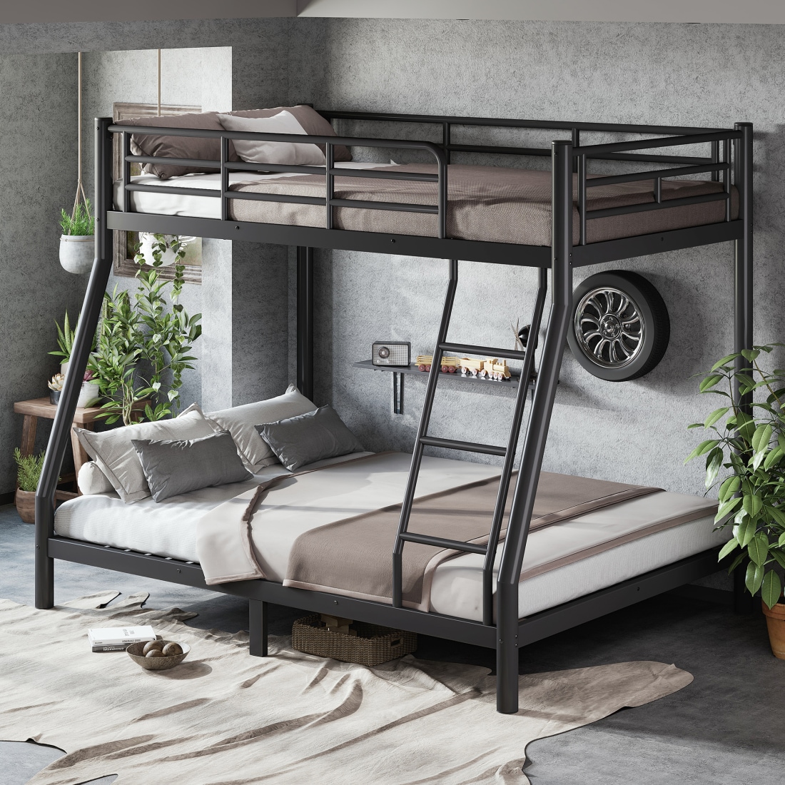 CHITA Twin Over Full Metal Bunk Bed with No Box Spring Needed Noise Reduced Design Safety Guardrails for Adults Black