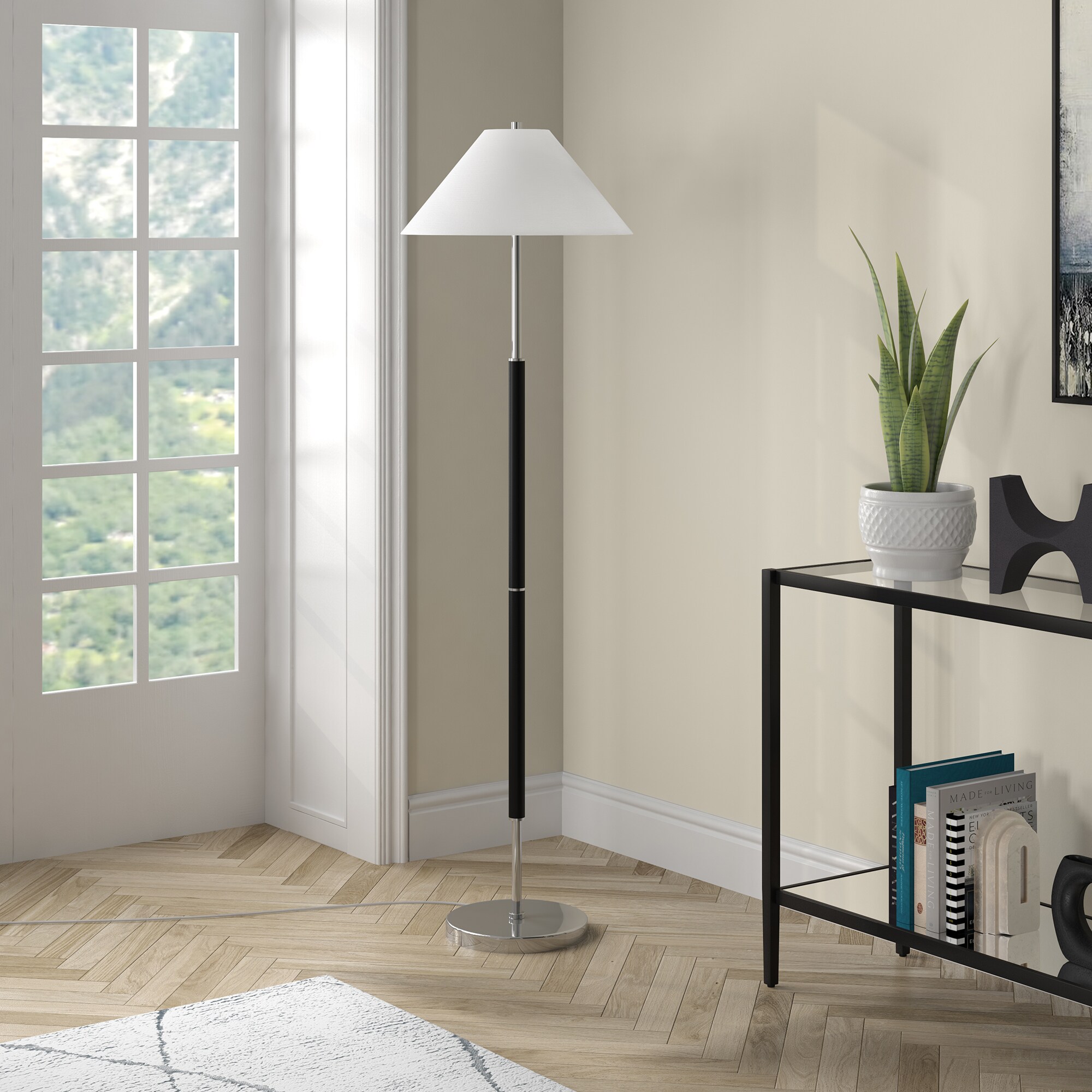 Hailey Home FL2039 Simone 61.5-in Matte Black/Polished Nickel Standard Floor Lamp with Fabric Shade