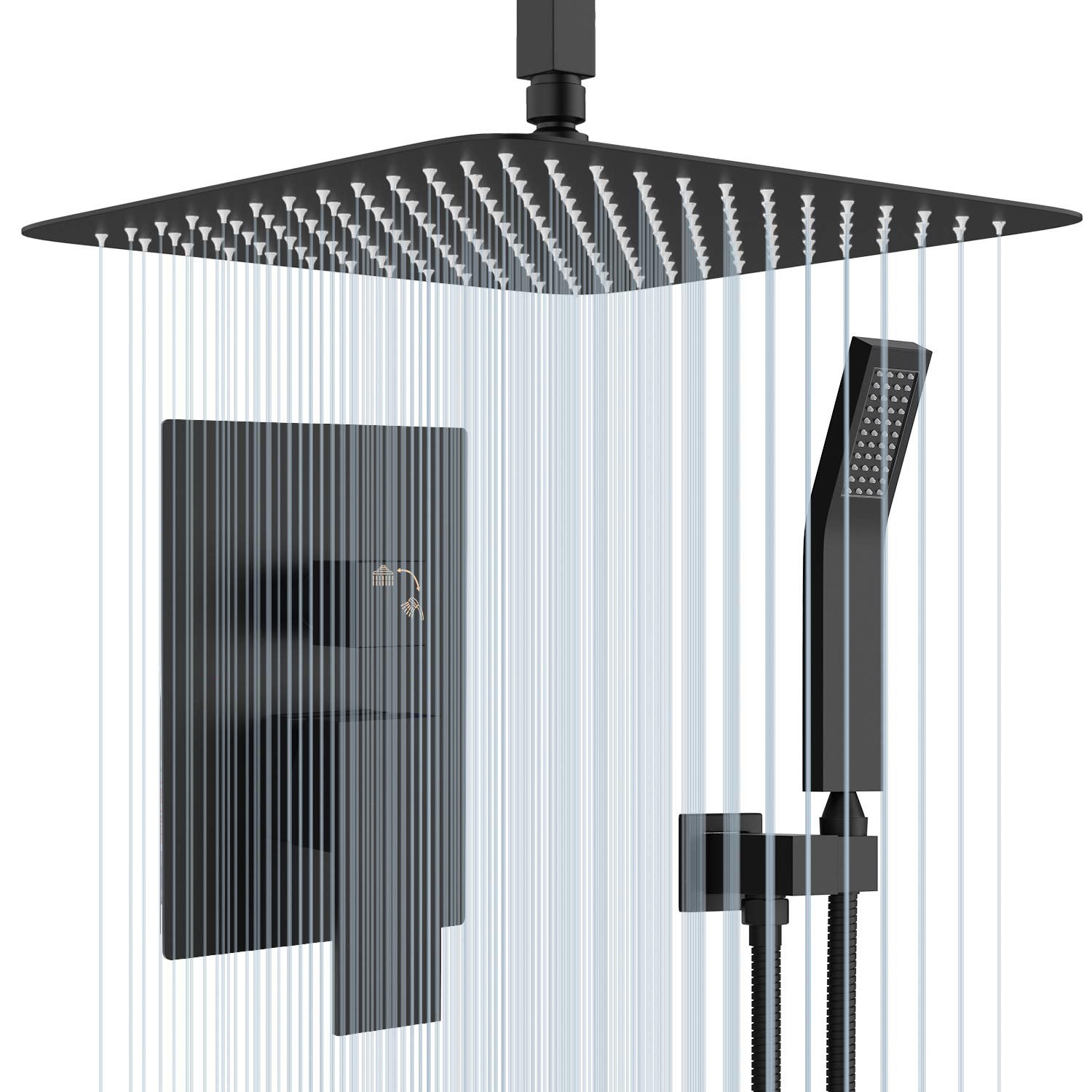 WELLFOR DT Rain Shower System Matte Black 10-in Waterfall Dual Head ...