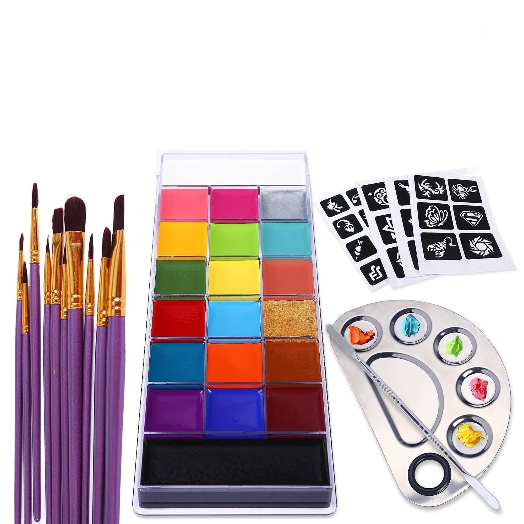 Wudkey 1 Pack Multicolor 20 Color Face and Body Paint Kit with Palette and Brushes for Halloween