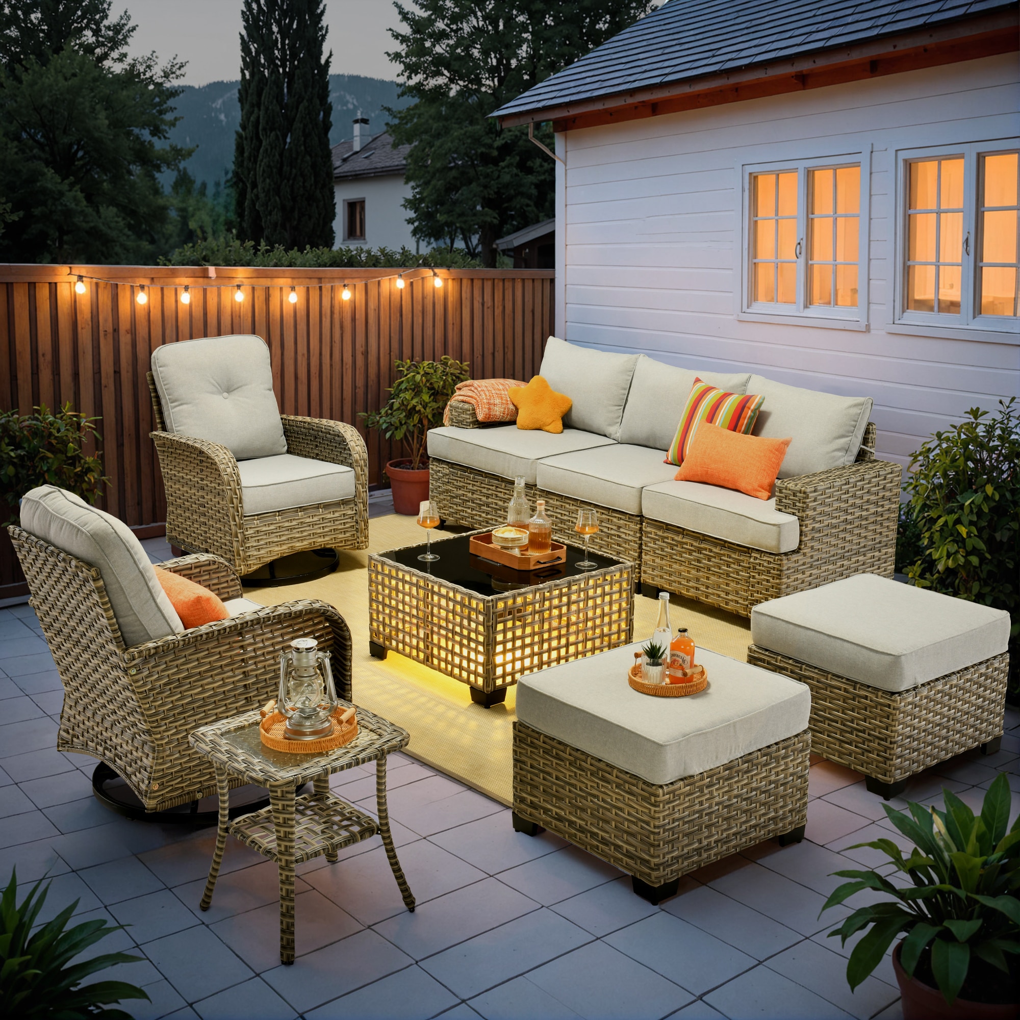 Ovios TS409YV 9 -Piece Wicker Patio Sofa Conversation Set with Light Gray Cushions