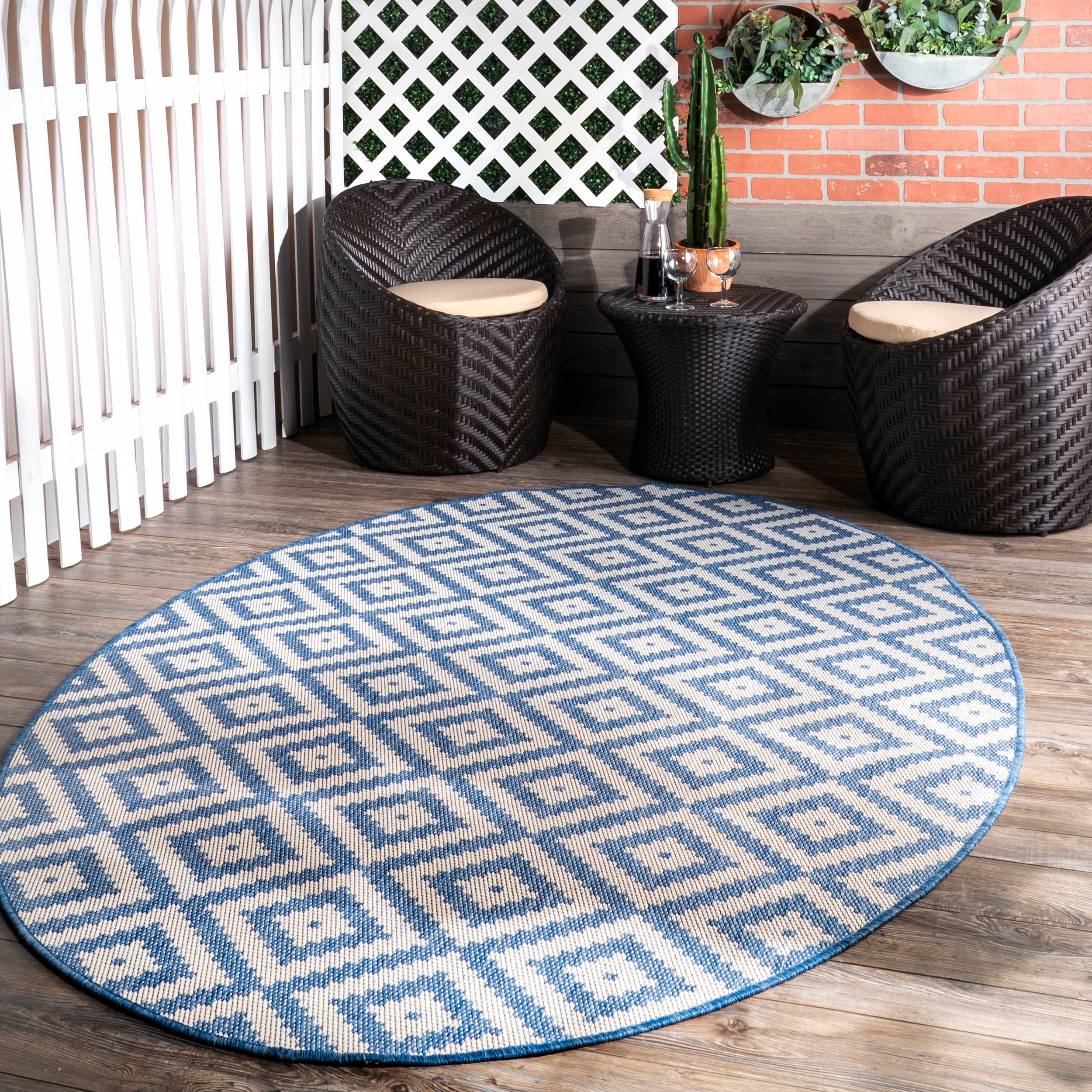 Reversible Blue Trellis Synthetic Oval Rug, 5' x 8', Easy Care