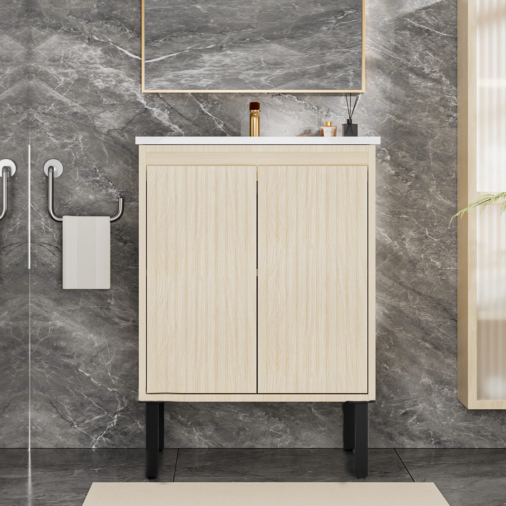 Afhocomp - 24 in Single Sink Freestanding Oak Bath Vanity with White Integral Ceramic Basin