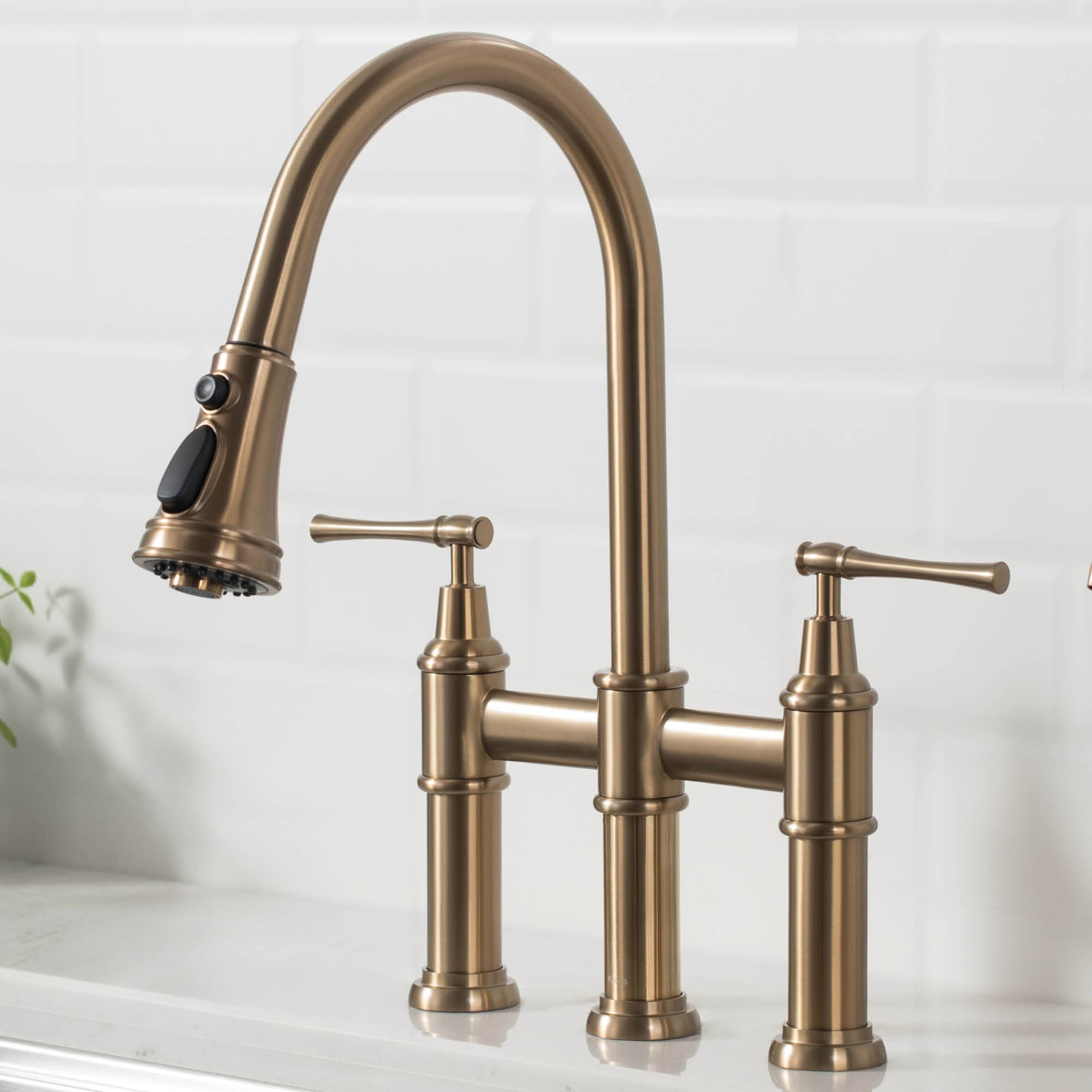 Kraus Allyn Brushed Gold Double Handle Bridge Kitchen Faucet in the ...