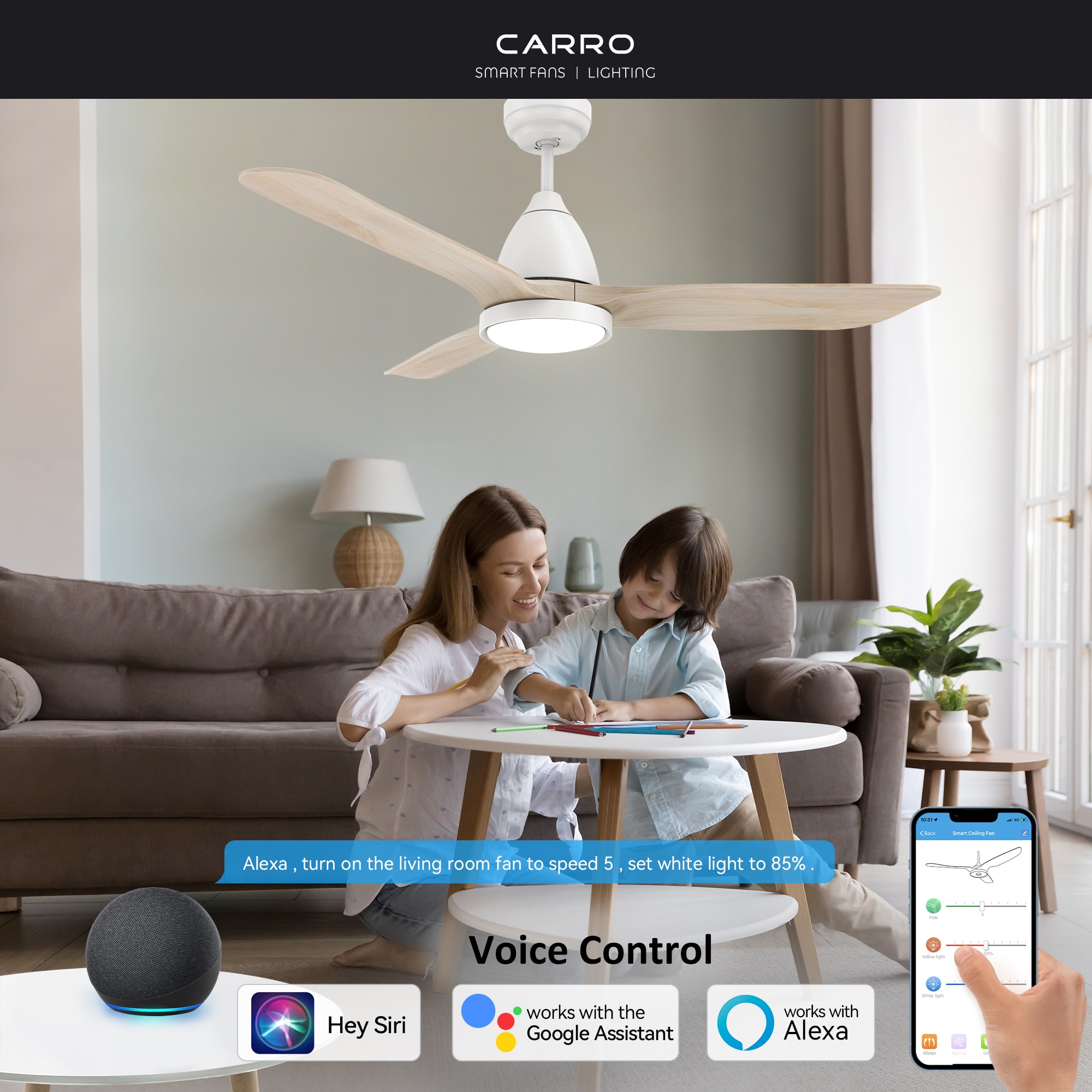 CARRO USA Koa 52-in White with Solid Wood Whitewashing Blades Indoor/Outdoor Smart Ceiling Fan with Light and Remote (3-Blade) LS523F3-L12-WM1-1 Sansujyuku sansujyuku.com