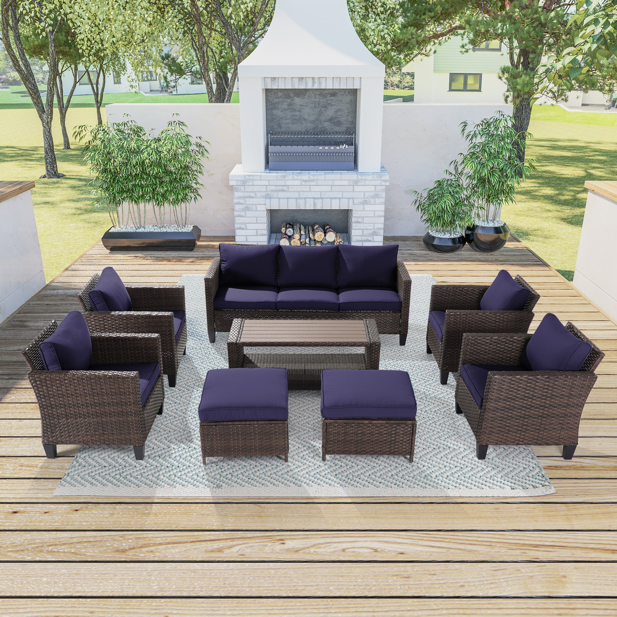 Sonkuki SD-PS-115BNY-S2T1 Patio Conversation Set 8 -Piece Wicker Patio Sofa Conversation Set with Navy Cushions