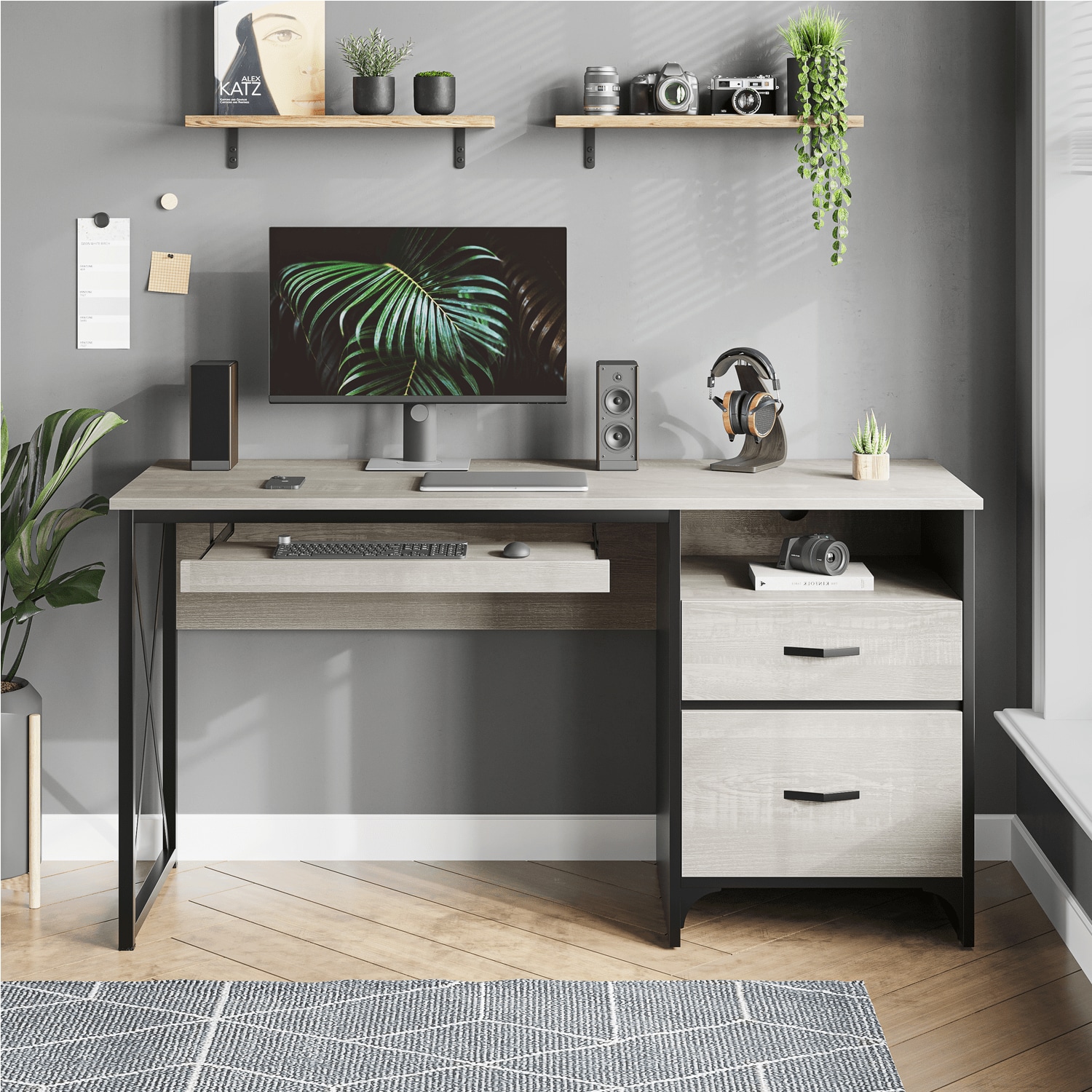 Bestier LOW-D374Q-WHTW 55.12-in W 3-Drawer White Computer Desk with Keyboard Tray