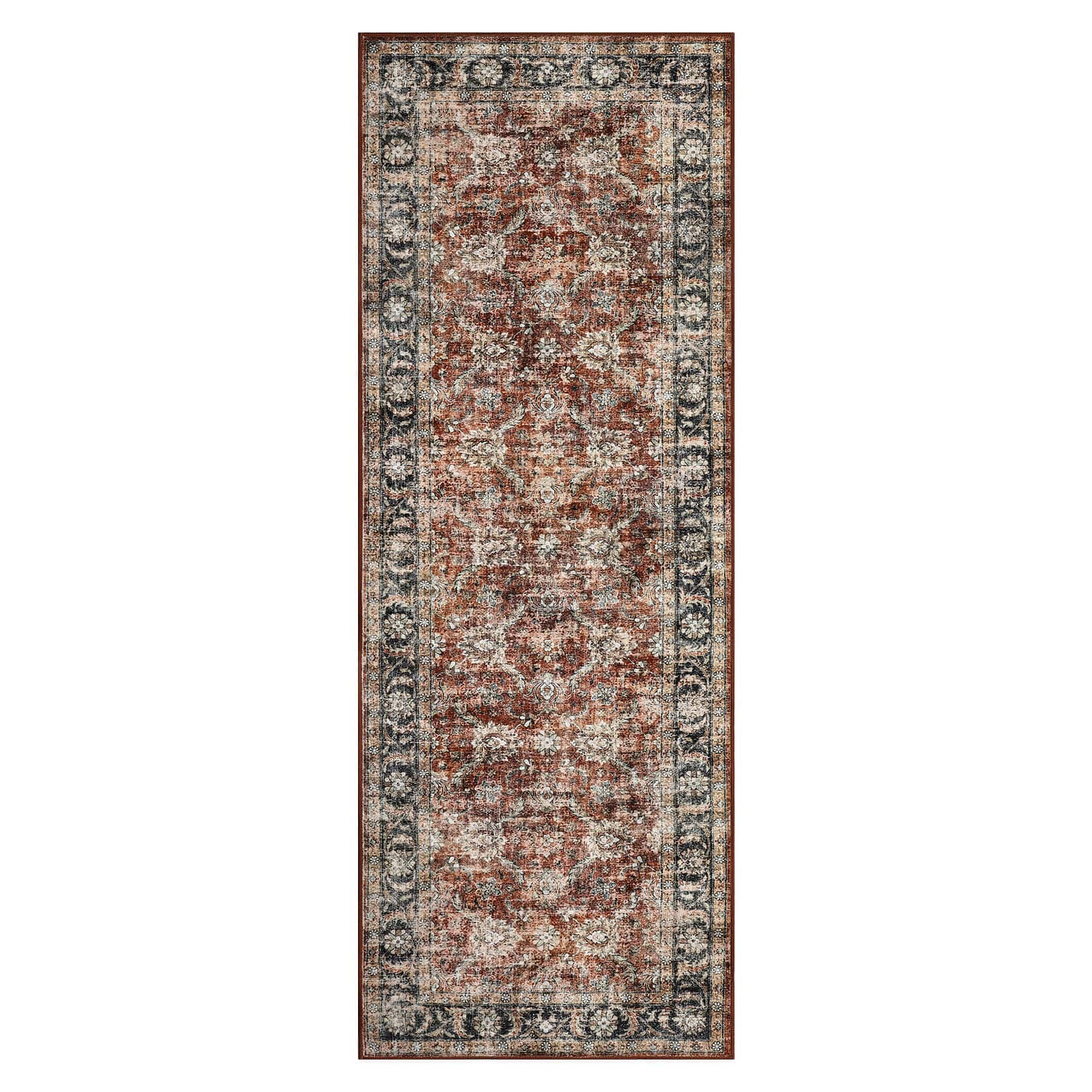 Qeetex LSN-PHO-34PVXA77 2 x 6 ft Polyester Cashmere Imitation Red Rectangular Hallway Bathroom Entryway Kitchen Office Foldable Flower Printed Persian Washable Area Rug
