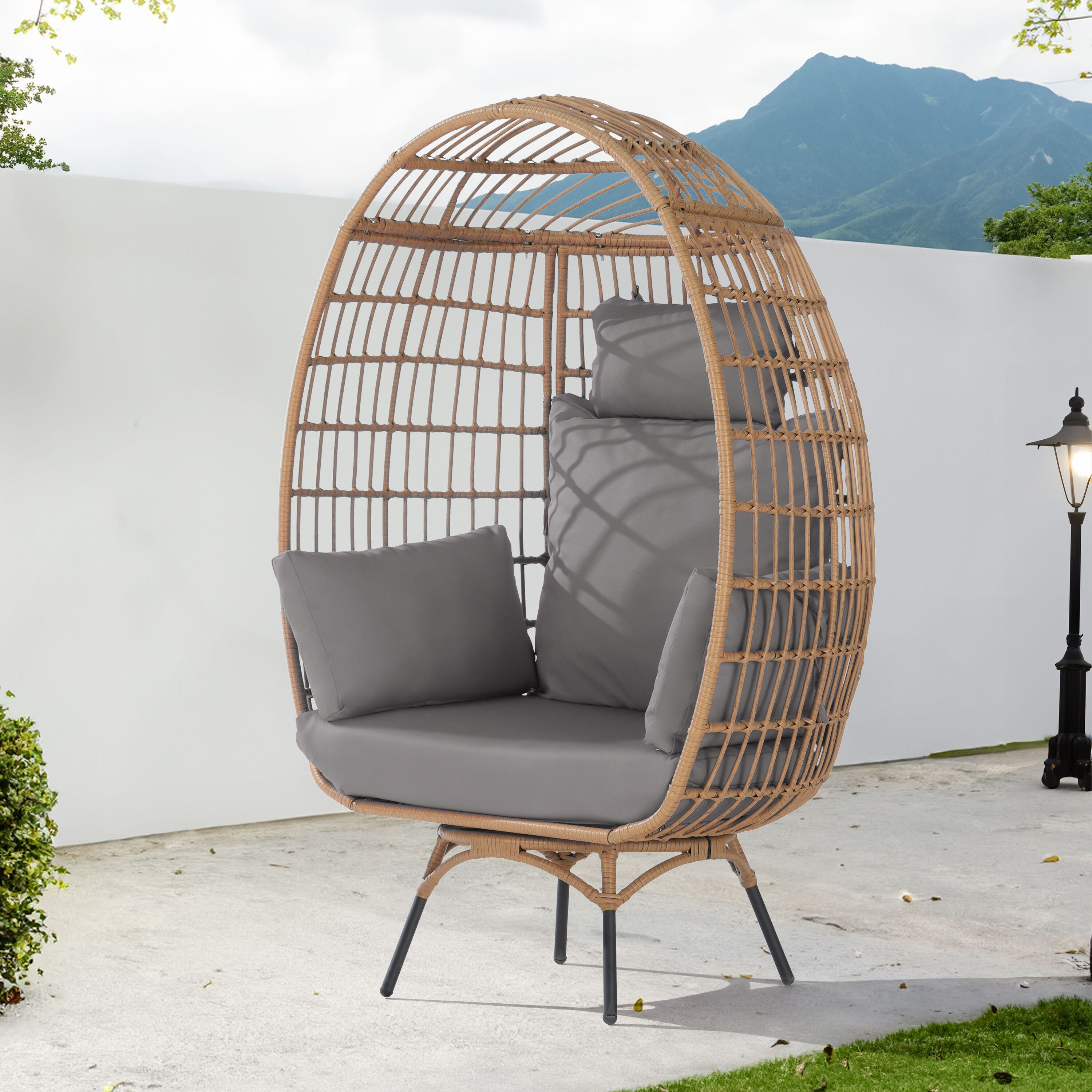 SANSTAR L-RJDC53LY Patio Chairs Wicker Brown Wicker Frame Swivel Egg Chair with Light gray 220gsm Polyester Cushioned Seat