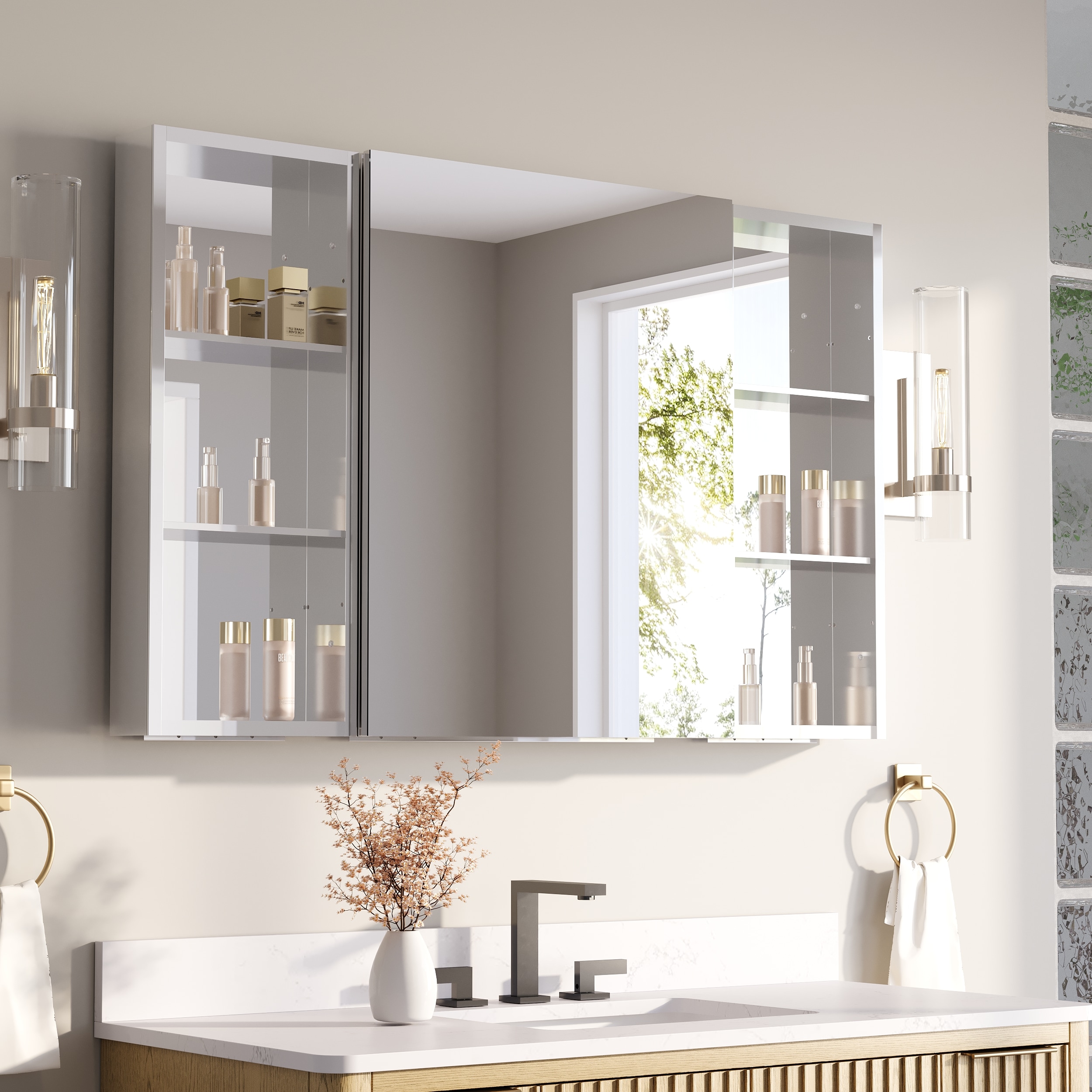 CALVON Bathroom Medicine Cabinets Reversible 48-in x 30-in Surface/Recessed Mount Chrome Mirrored Rectangle Soft Close Medicine Cabinet