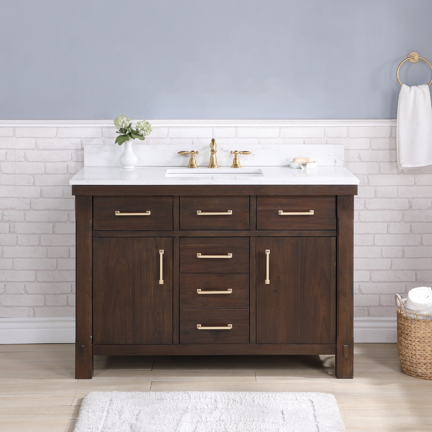 Vinnova 701848-DW-WS-NM Viella 48-in Deep Walnut Undermount Single Sink Bathroom Vanity with White Engineered Stone Top