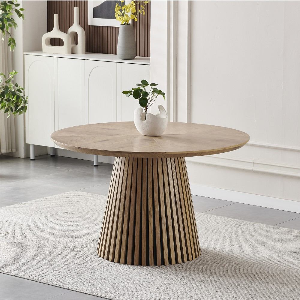 Coolbibila EDGAR-TABLE-NATURAL Natural Wood MDF Round Dining Table with Slatted Pedestal Base for Modern Small Spaces Dining Room